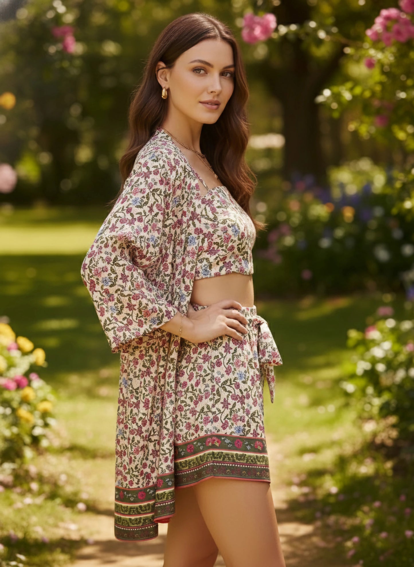 Berrylush Women Pink Floral Print Shoulder Straps 3 Piece Co-ords