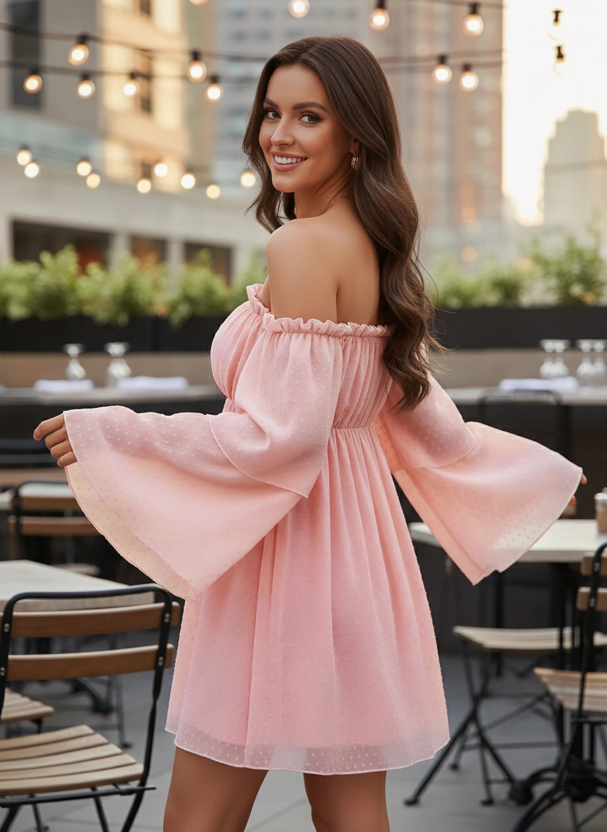 Women Solid Pink Dobby Weave Off-Shoulder Neck Flutter Sleeve Ruffled A-Line Mini Dress - Berrylush Women Solid Pink Dobby Weave Off-Shoulder Neck Flutter Sleeve Ruffled A-Line Mini Dress - Berrylush