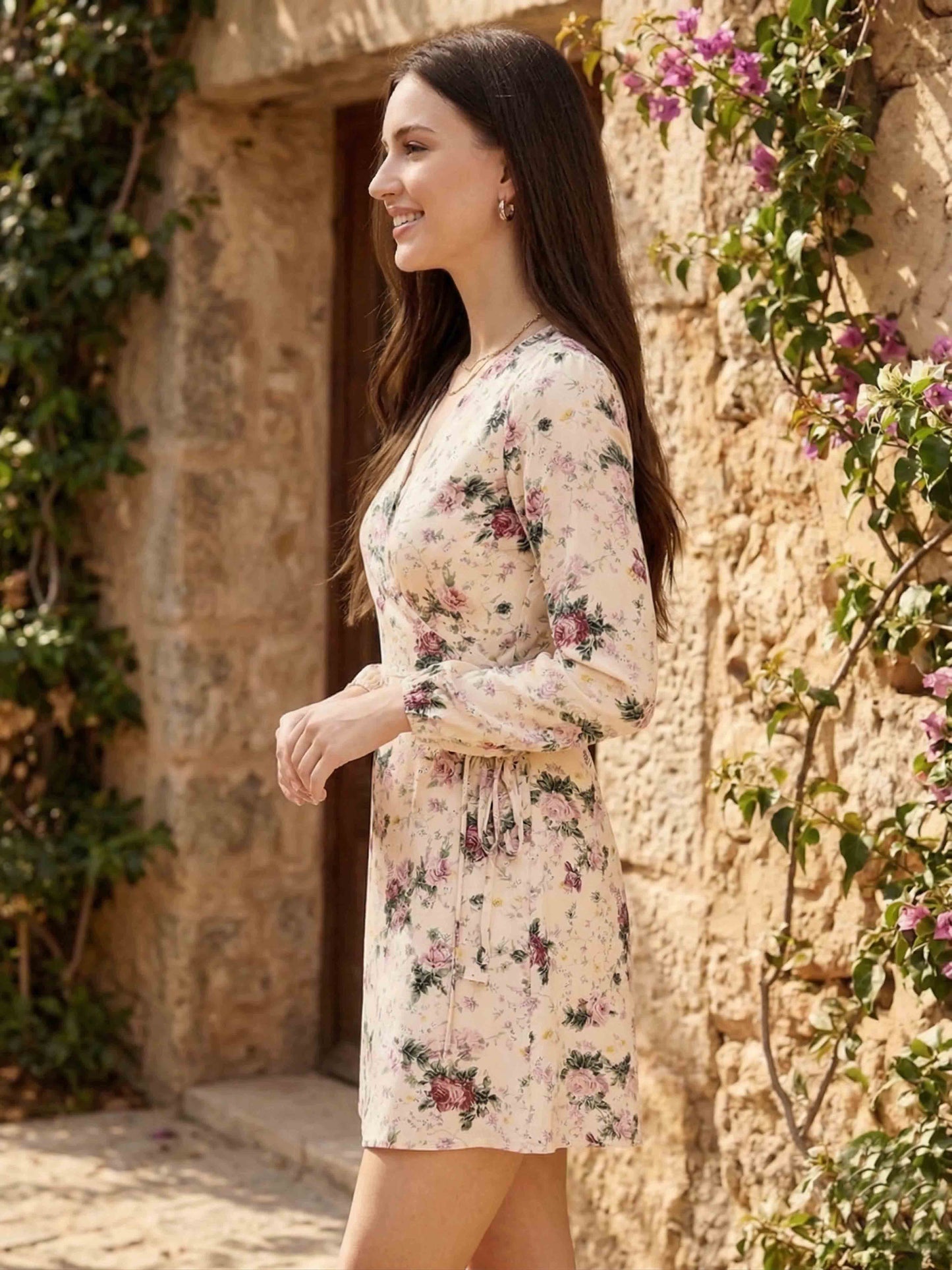 Berrylush Women Beige Floral Printed V-Neck Waist Tie-Up Flared Wrap Mini Dress