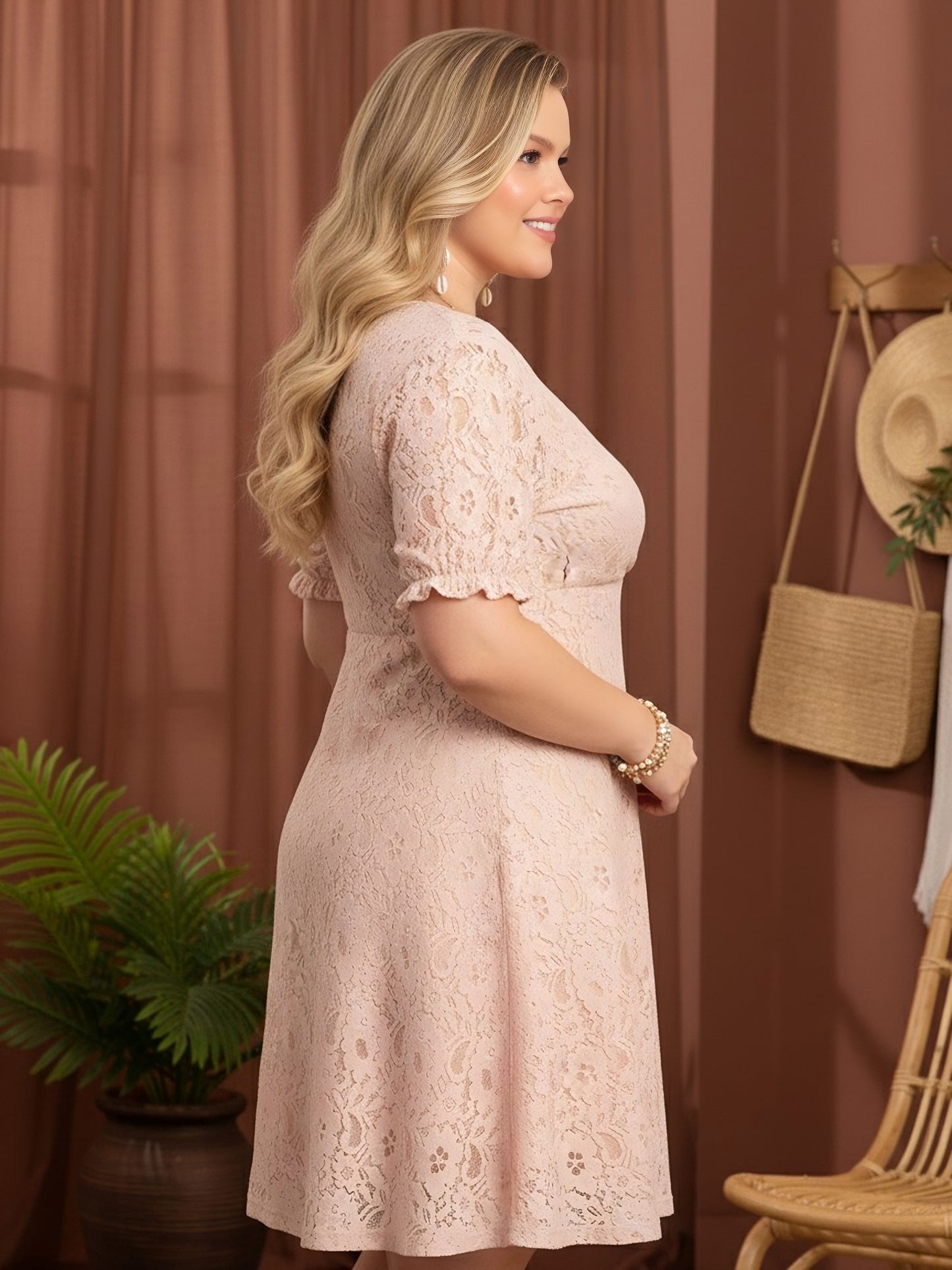 Berrylush Curve Women Pink Surplice Neck Puff Sleeve Lace Dress