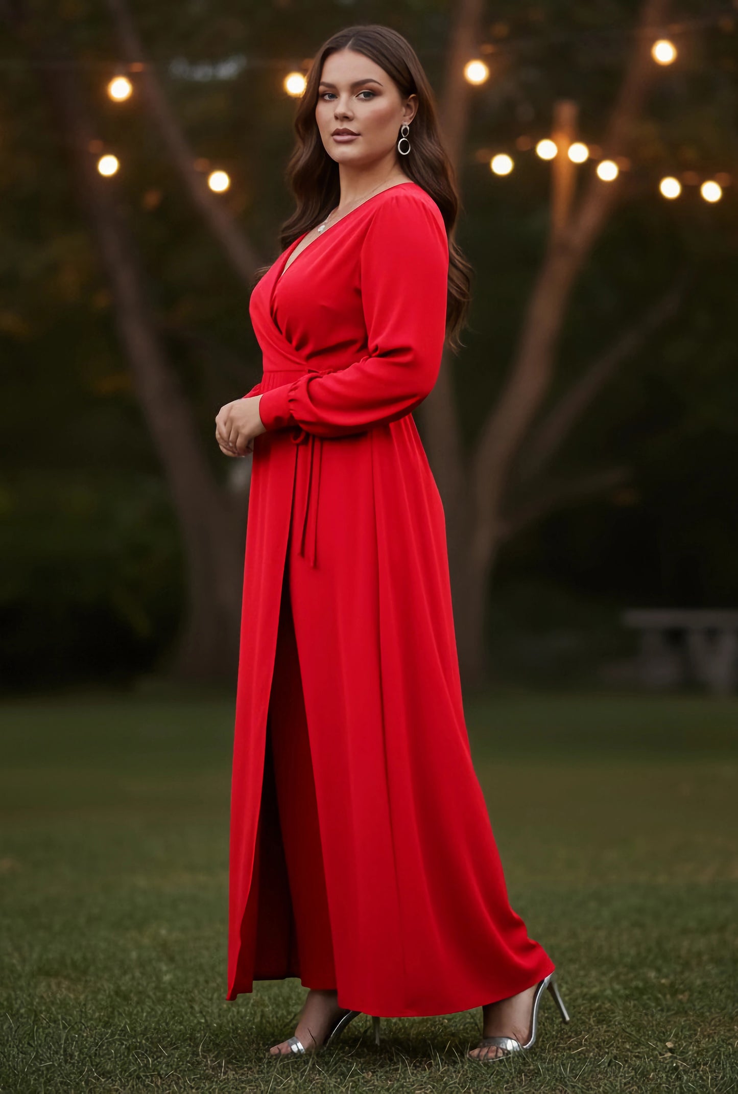 Berrylush Curve Women Solid Red V-Neck Cuff Sleeves Waist Tie-Up Pleated Maxi Dress