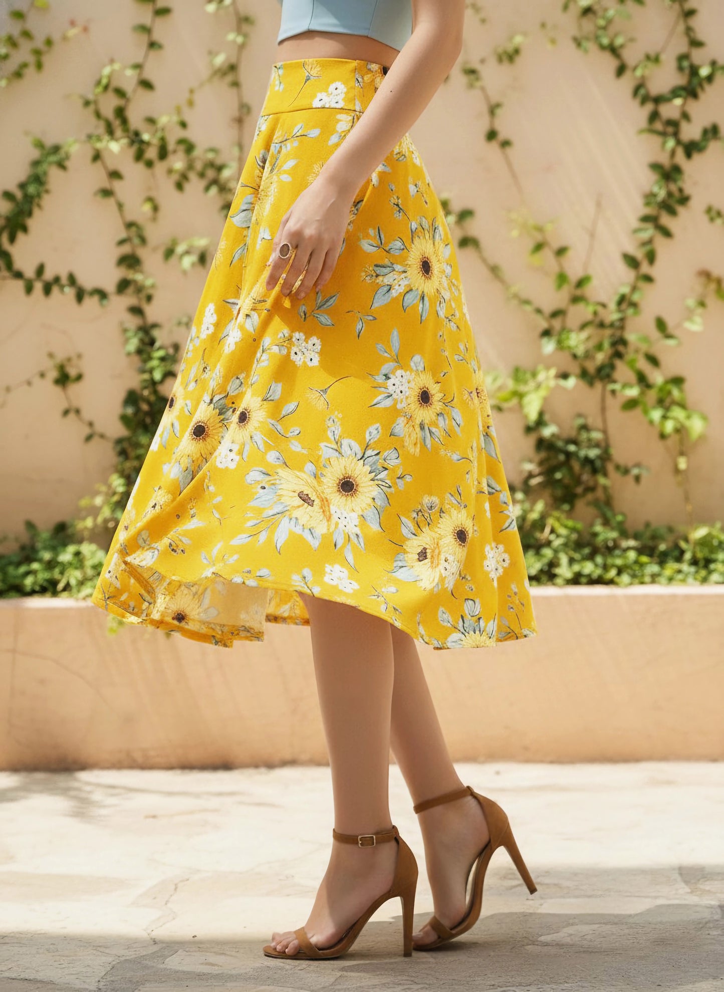 Berrylush Women Yellow & Green Floral Printed High-Rise Waist Slip-On Pleated A-Line Midi Skirt