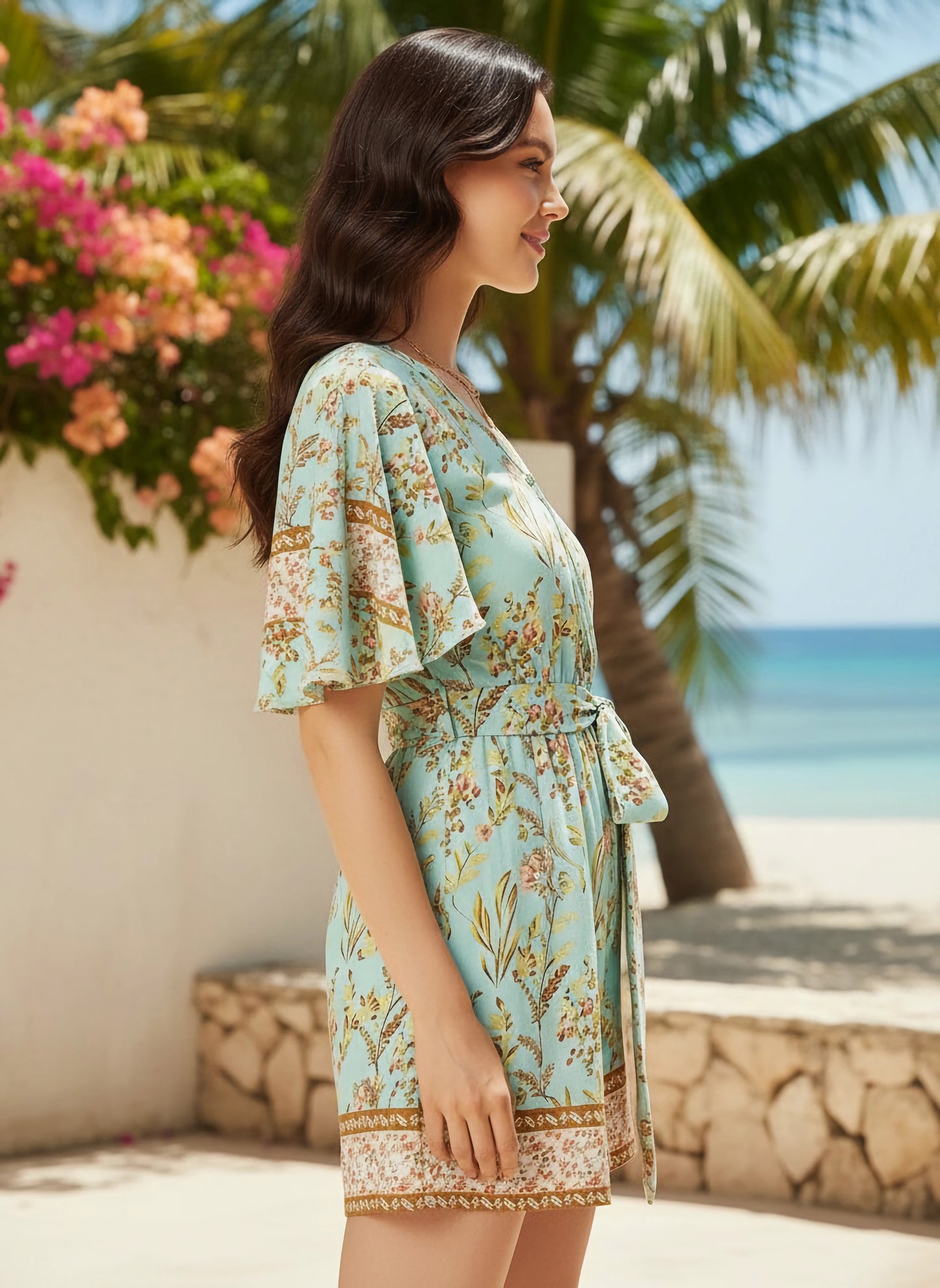 Berrylush Women Green & Brown Floral Printed V-Neck Flutter Sleeve Waist Tie-Up Pleated Mini Playsuit