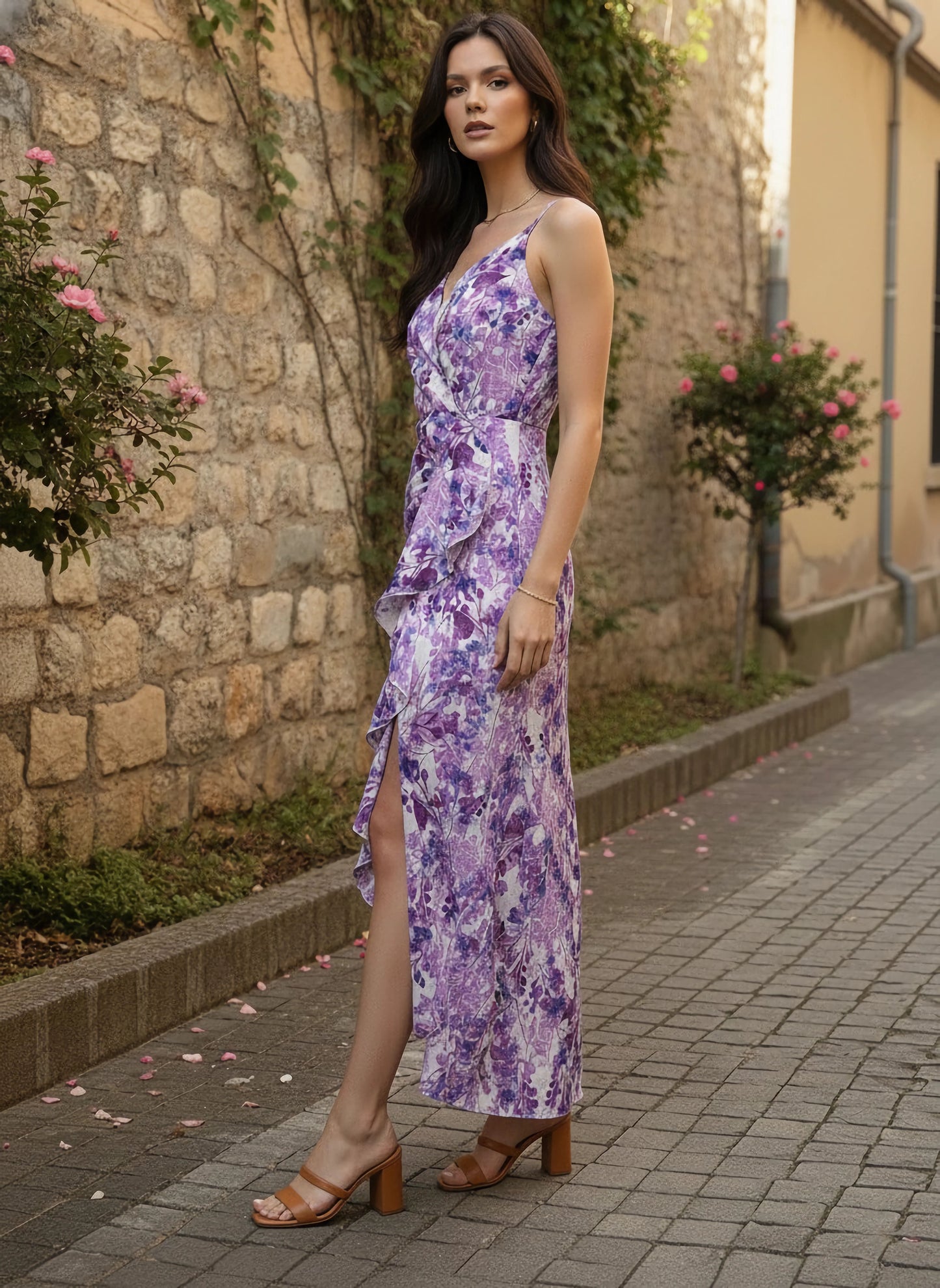 Berrylush Women White Floral Printed Asymmetric Hem Maxi Dress