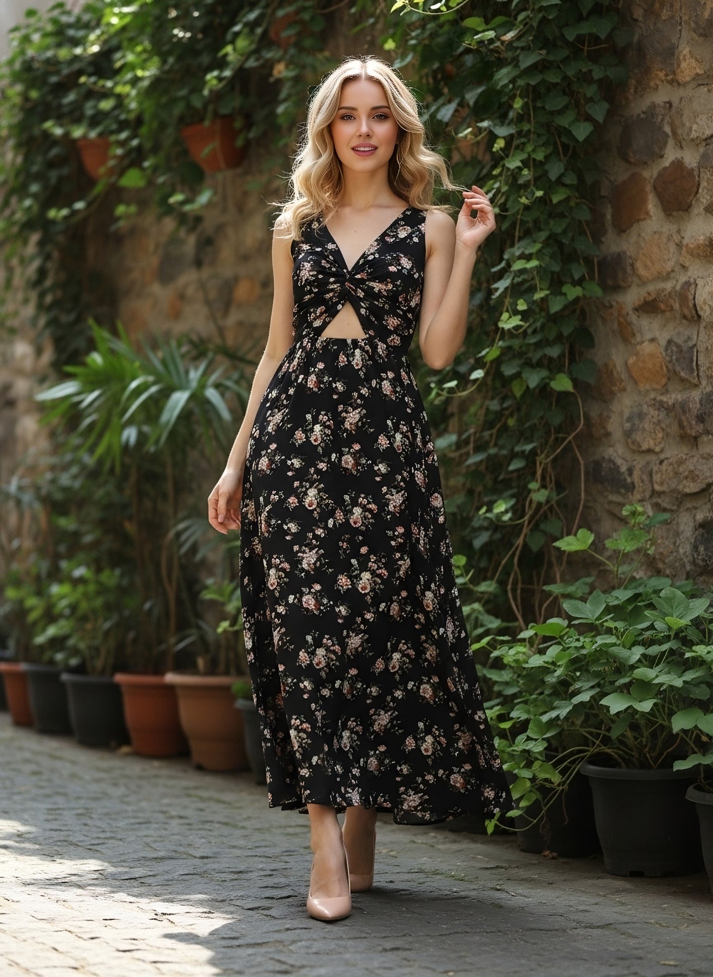 Berrylush Women Black & Pink Floral Printed V-Neck Open Back Thigh-High Slited A-Line Maxi Dress