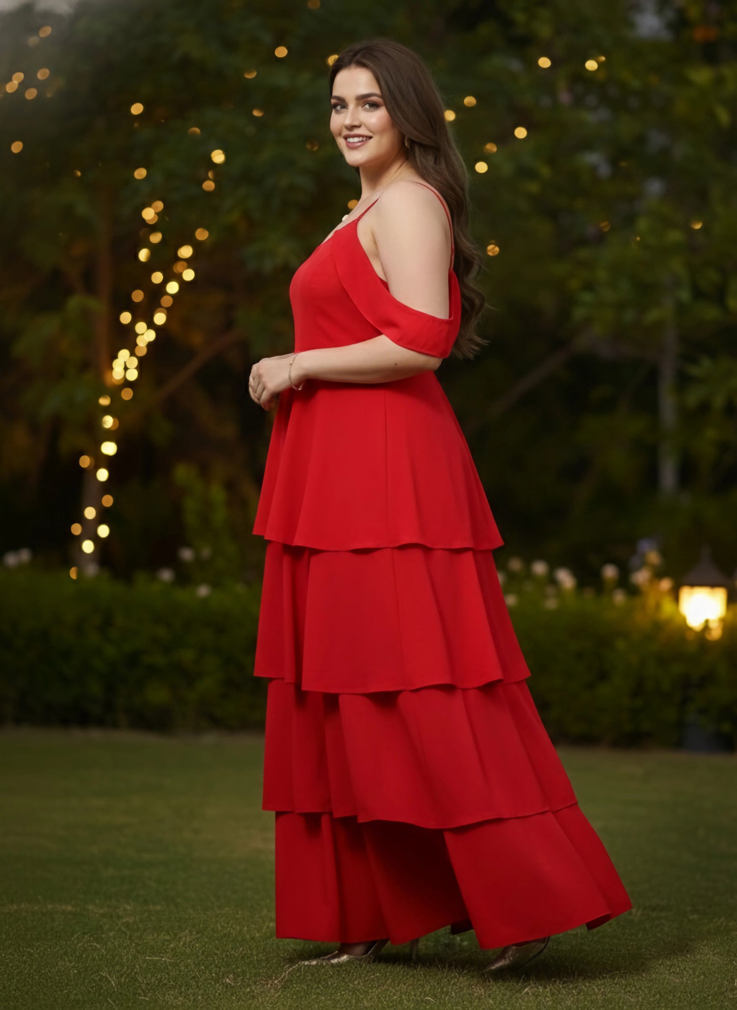 Plus Size Solid Red V-Neck Cold-Shoulder Sleeves Flounce Hem Layered A-Line Maxi Dress