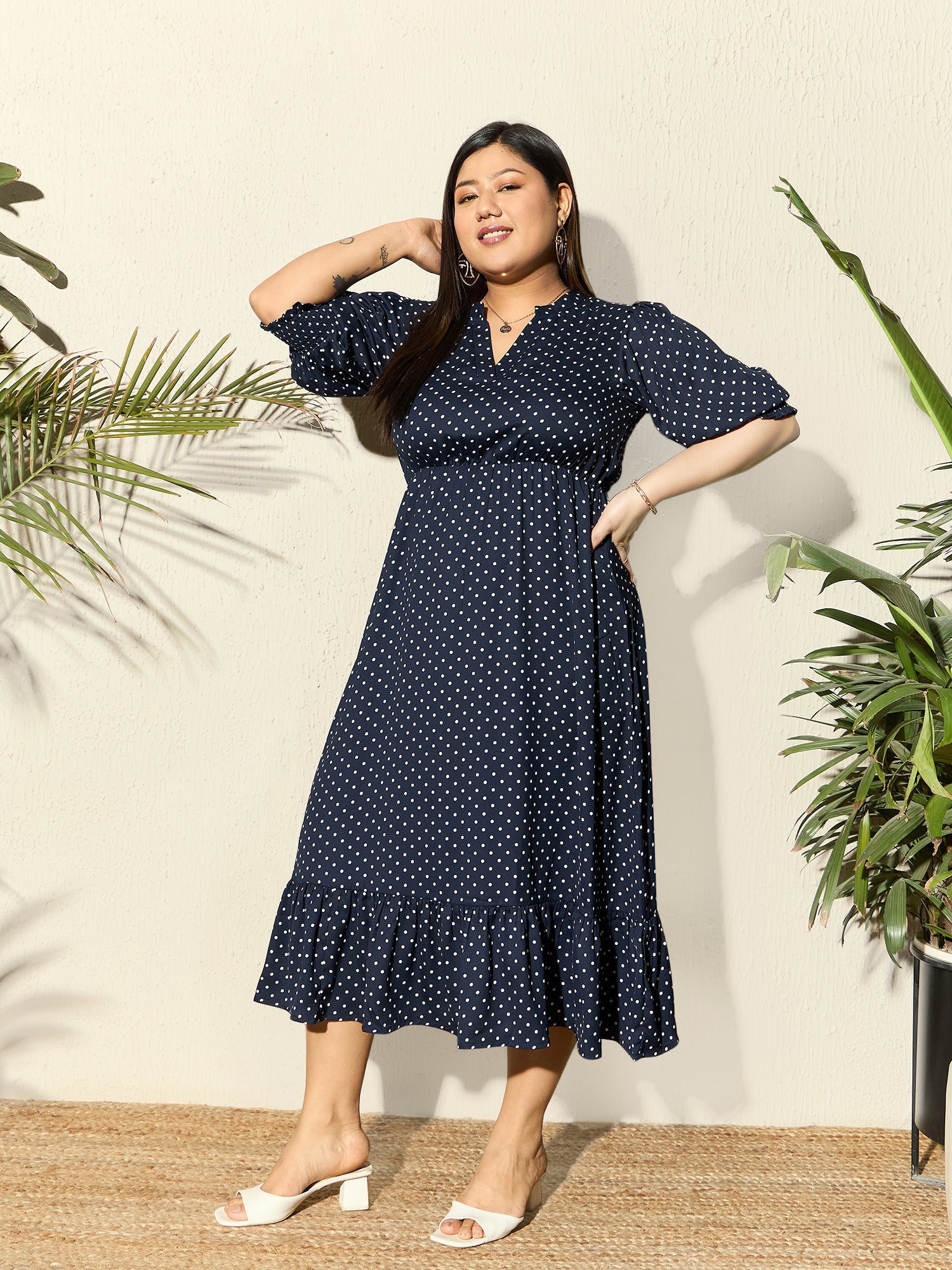 Women Navy Blue & White Polka Dot Printed Mandarin Collar Neck Crepe