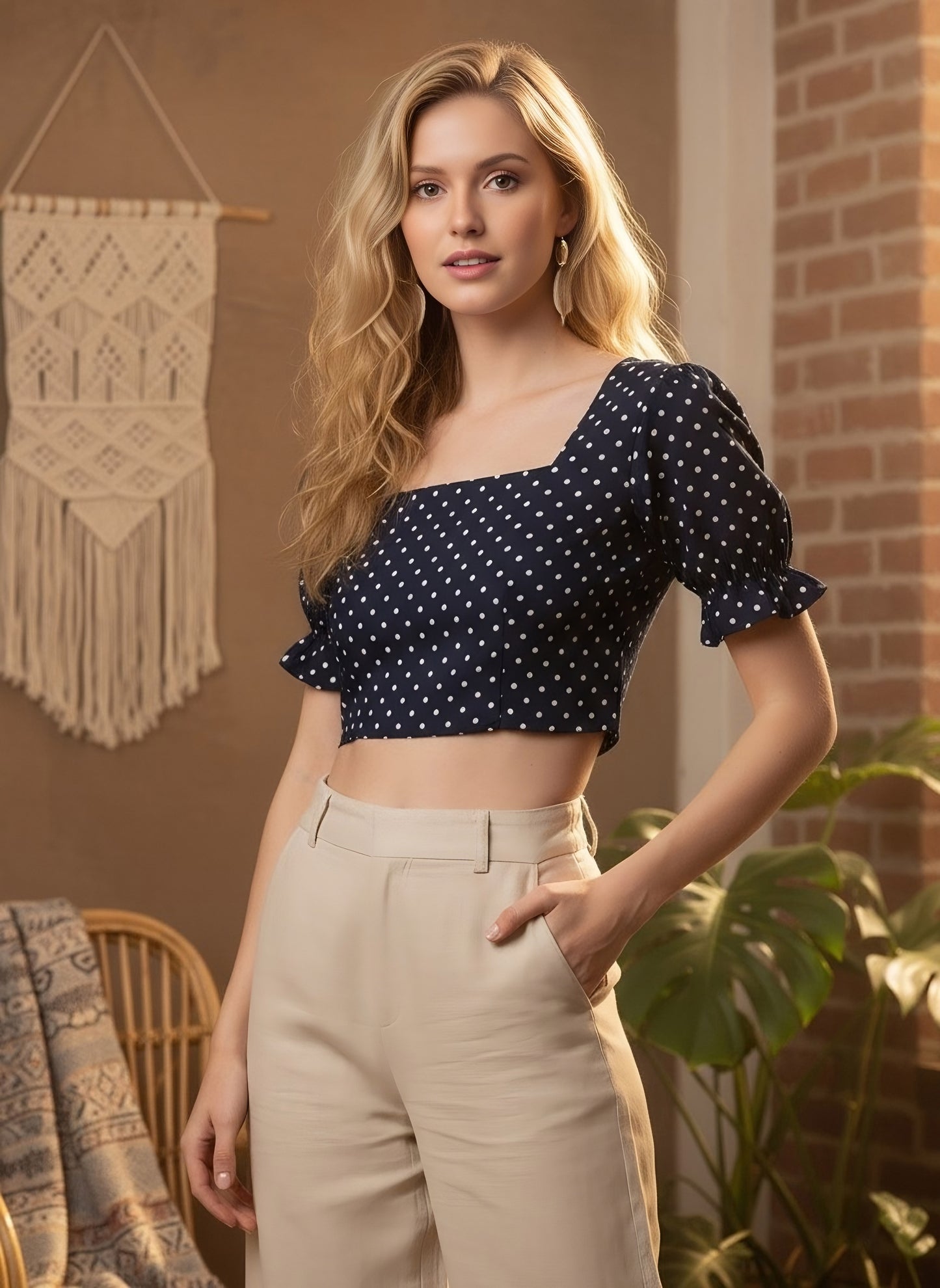 Berrylush Women Navy Blue Polka Dot Printed Crepe Empire Crop Top