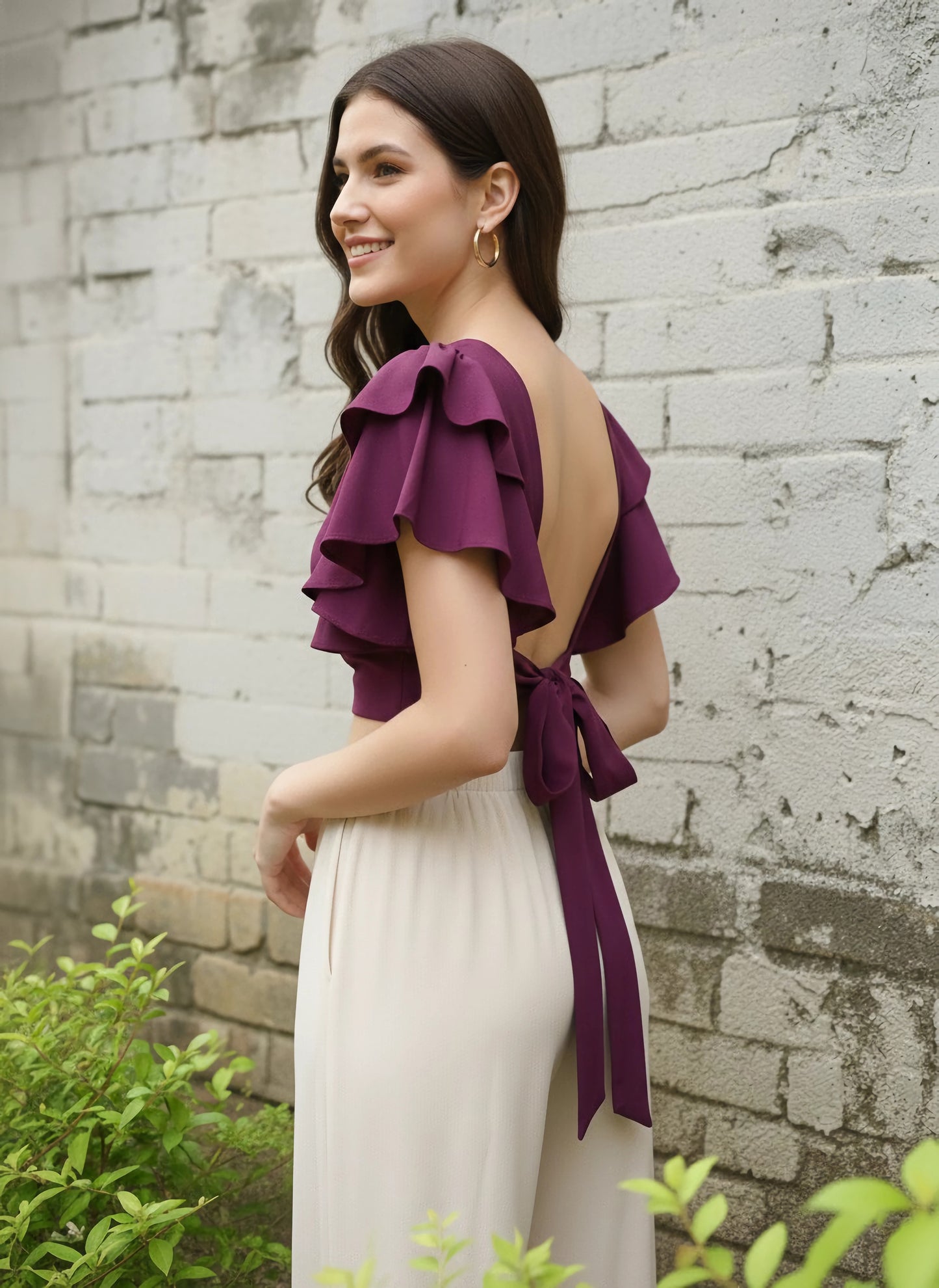 Berrylush Women Solid Purple Flutter Sleeves Blouson Crop Top