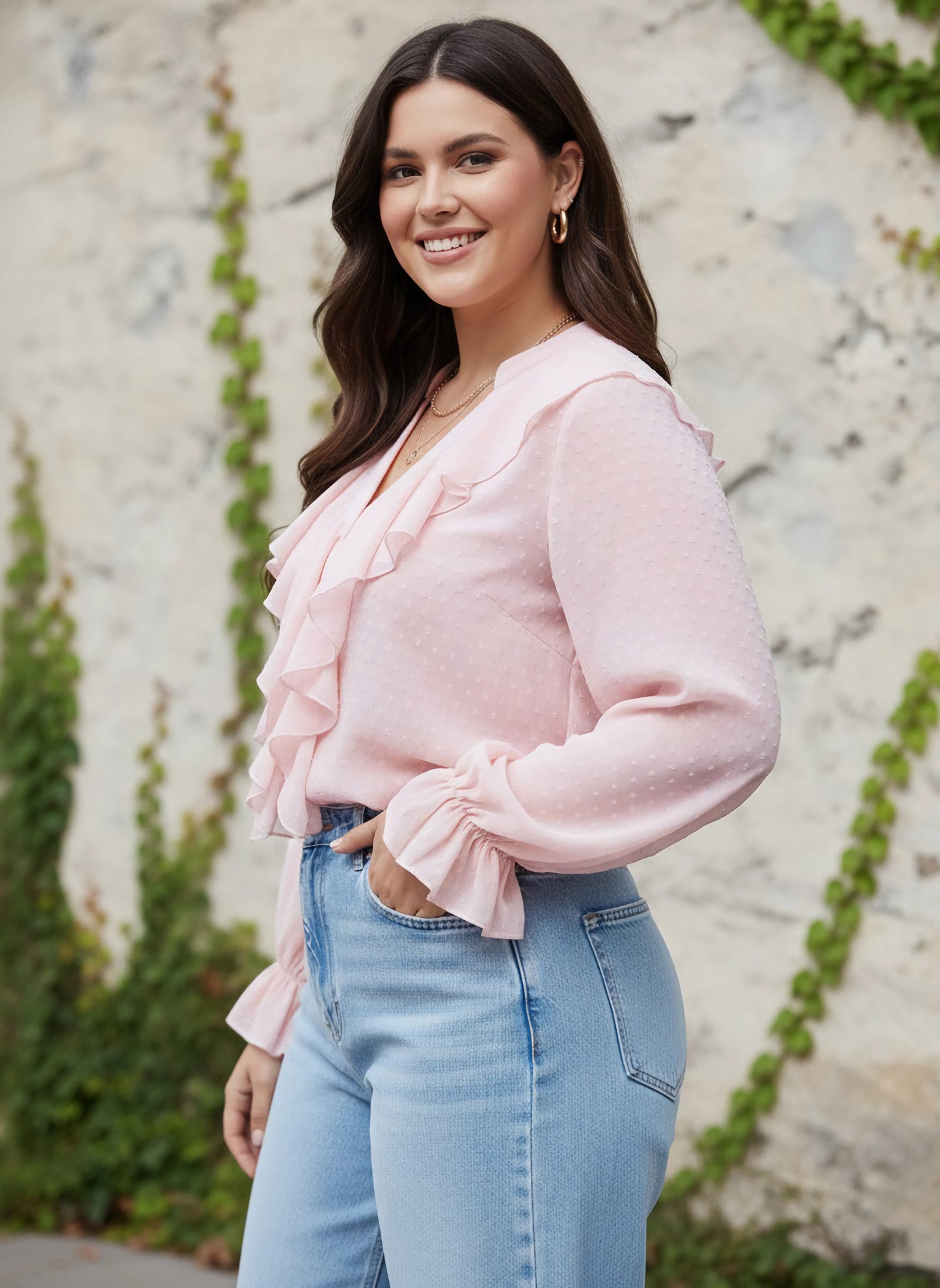 Berrylush Women Plus Size Solid Pink Dobby Weave V-Neck Puff Sleeve Button-Up Semi-Sheer Ruffled Regular Top