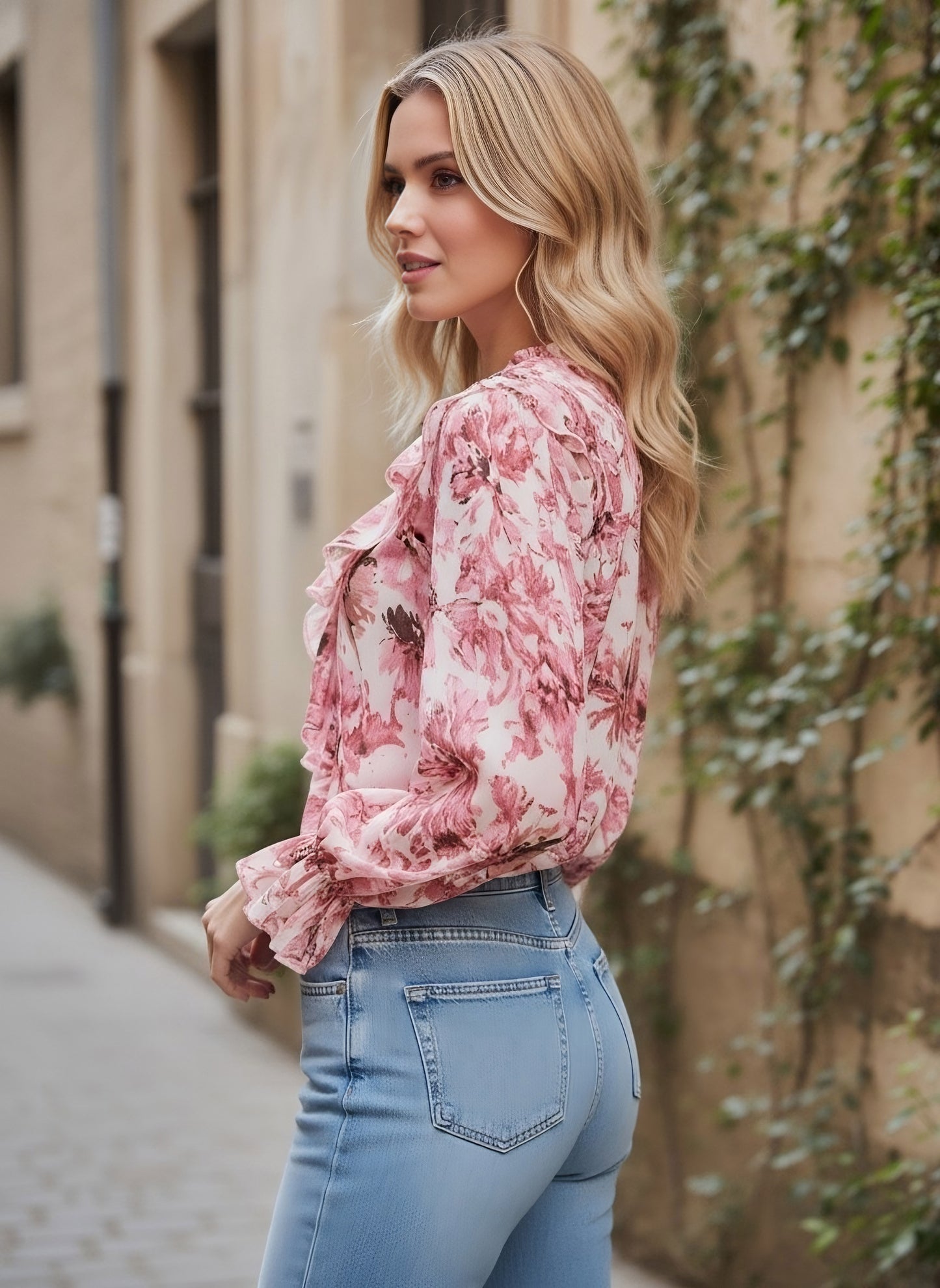 Berrylush Women Pink & White Floral Printed V-Neck Puff Sleeve Ruffled Regular Top