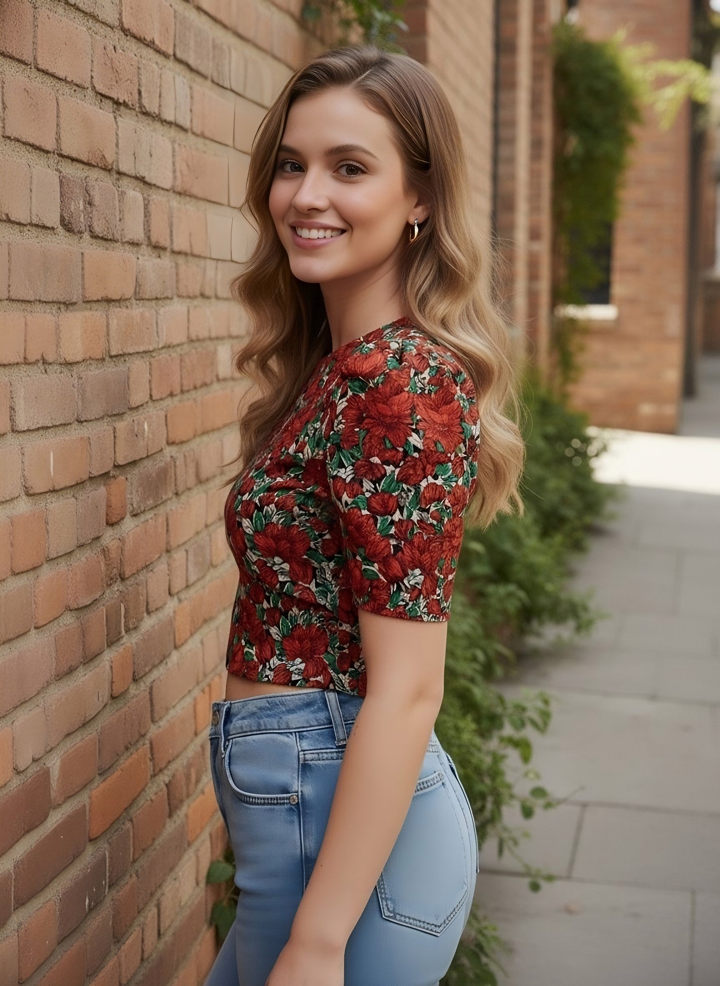 Berrylush Women Red & Green Floral Printed Round Neck Tie-Up Back Crepe Fitted Crop Top