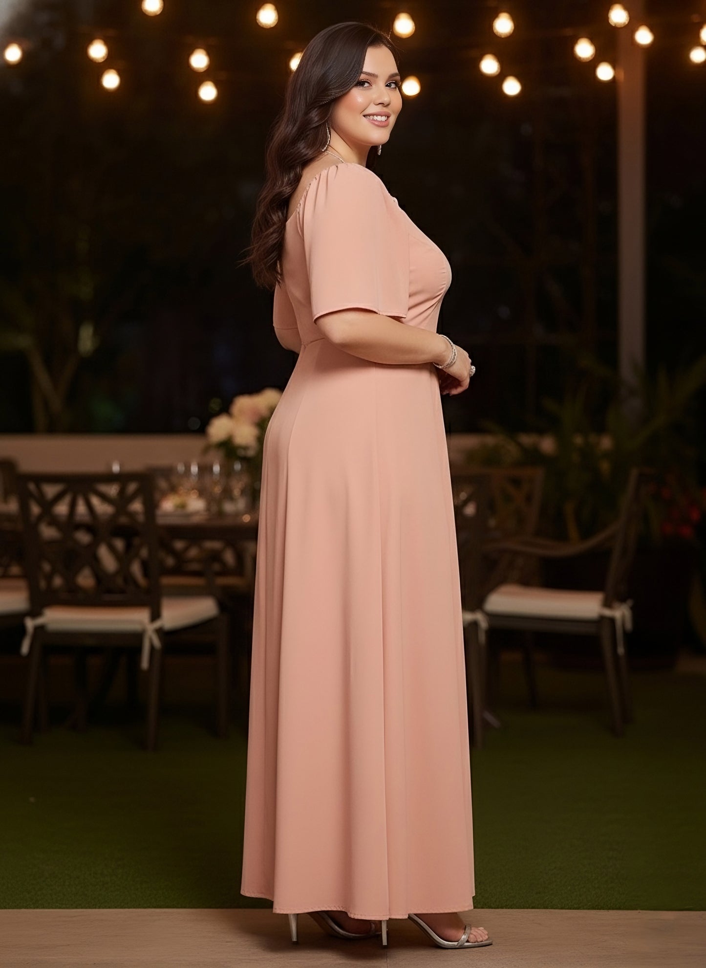 Berrylush Curve Women Solid Pink Square Neck Puff Sleeves Thigh-High Slit Flared Maxi Dress