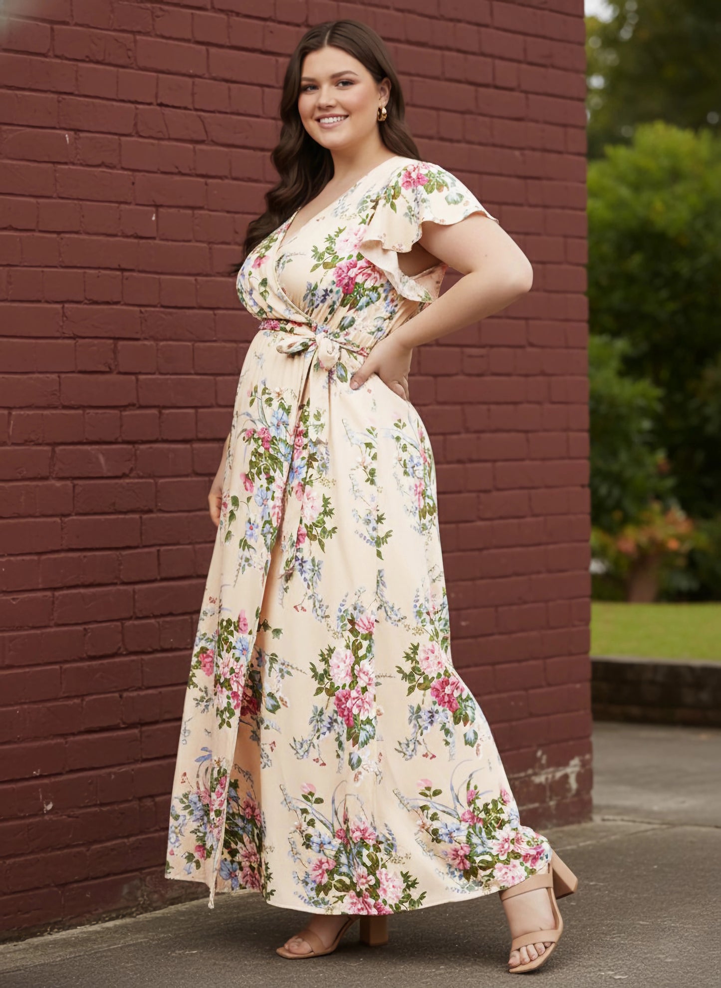 Plus Size Beige & Pink Floral Printed V-Neck Flutter Sleeve Tie-Up Waist Flared Maxi Dress