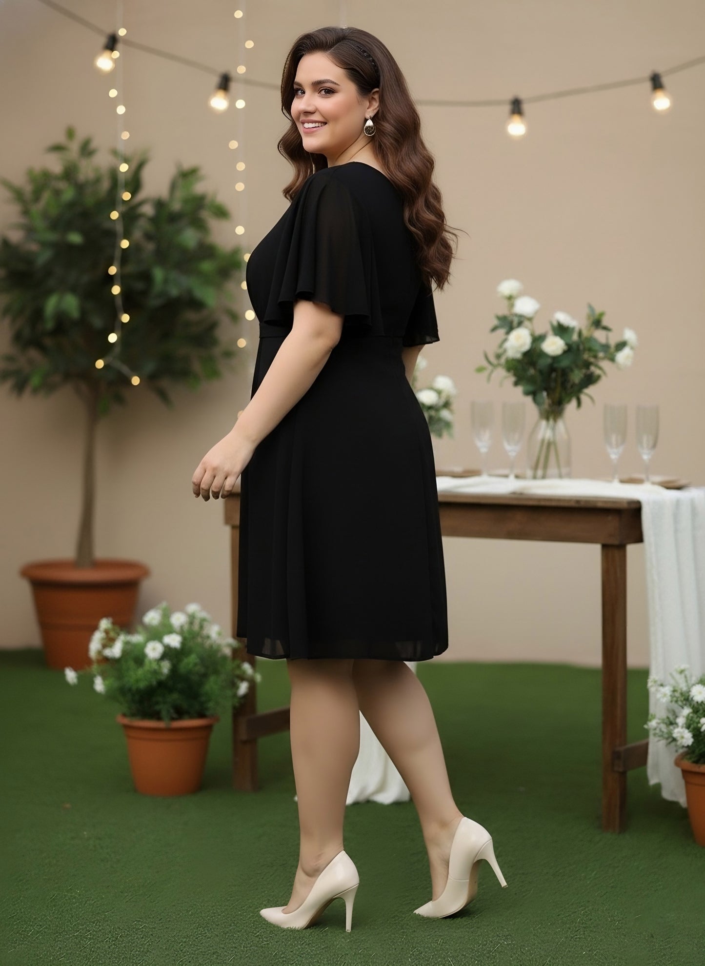 Berrylush Women Plus Size Solid Black V-Neck Flutter Sleeves Georgette Zipper-Up Flared Wrap Mini Dress