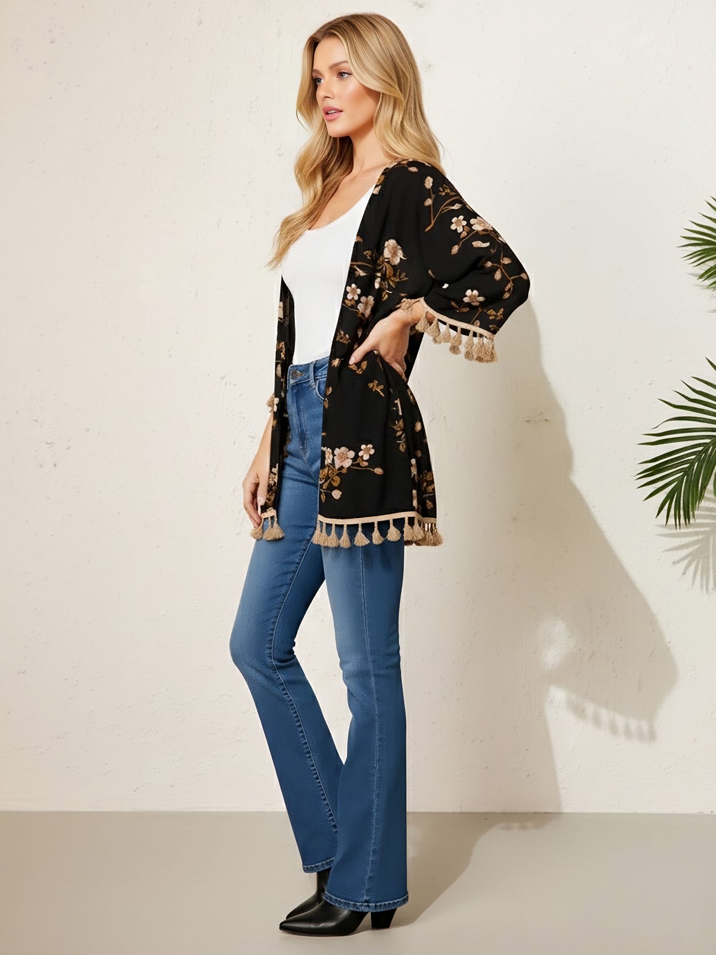 Berrylush Women Black Floral Print Three-Quarter Sleeves Longline Shrug