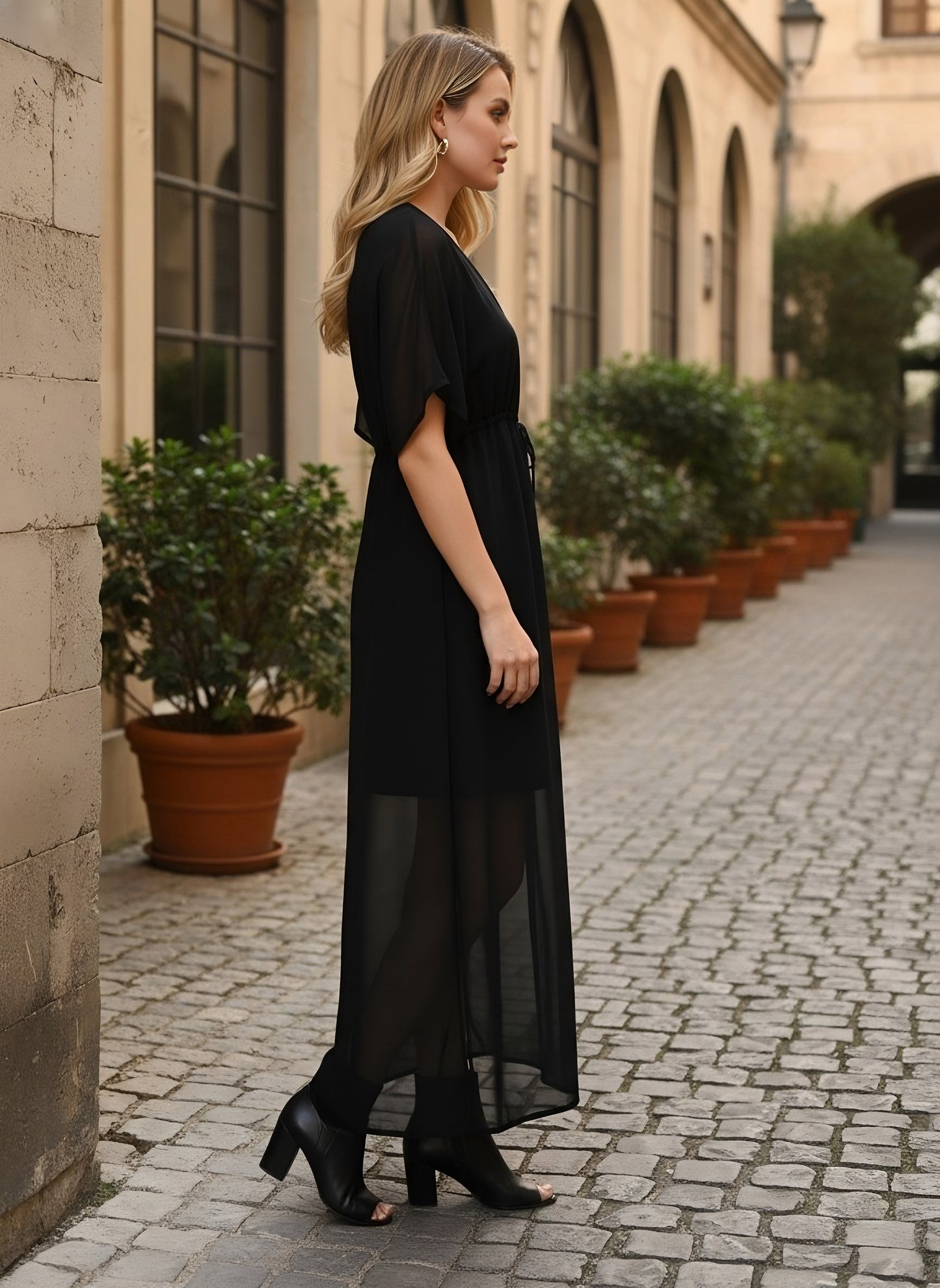 Berrylush Women Solid Black Waist Tie-Up Sheer Gathered Longline Shrug