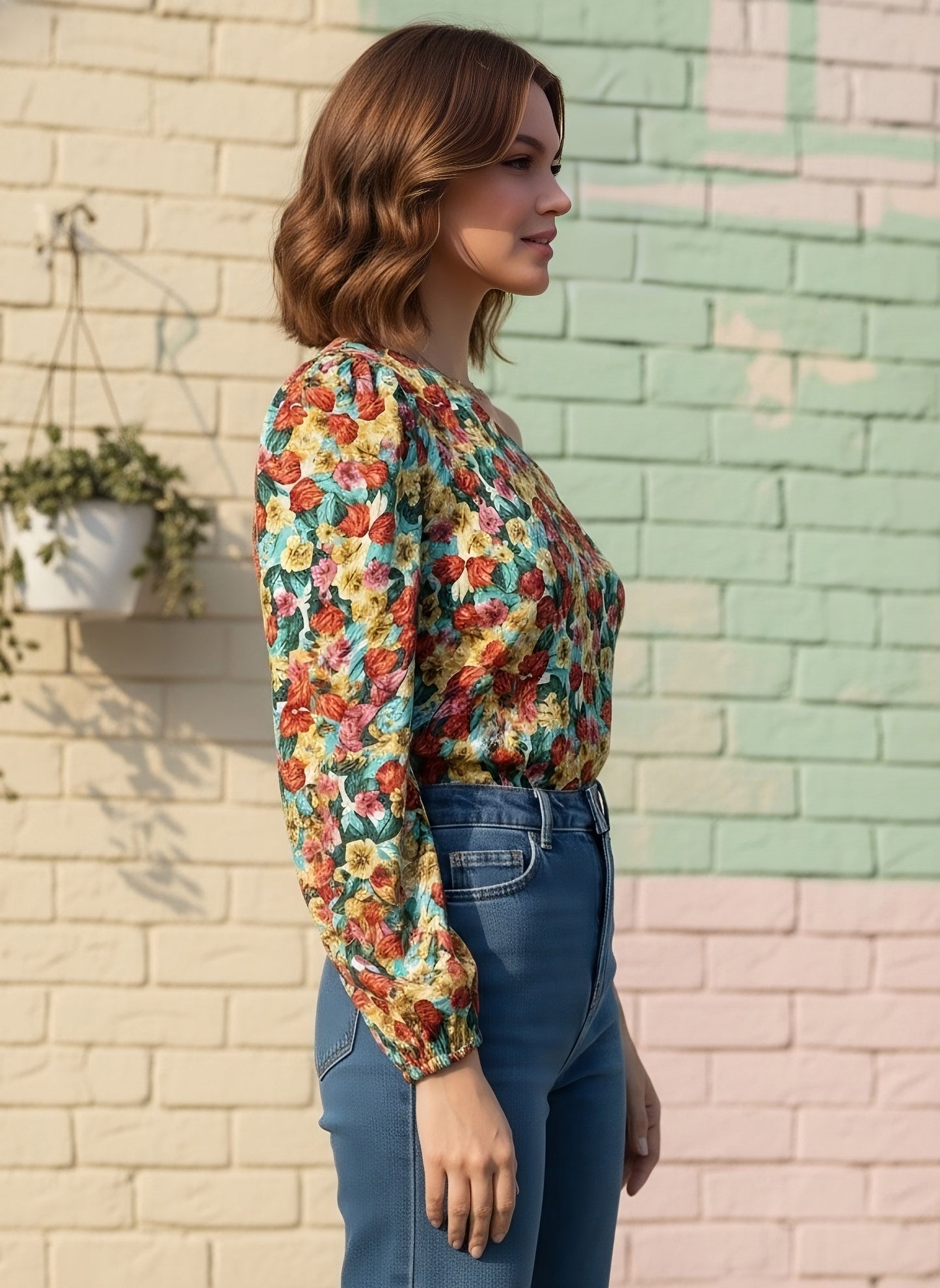 Berrylush Women Red, Green, & Yellow Floral Printed One-Shoulder Neck Crepe Woven Regular Top