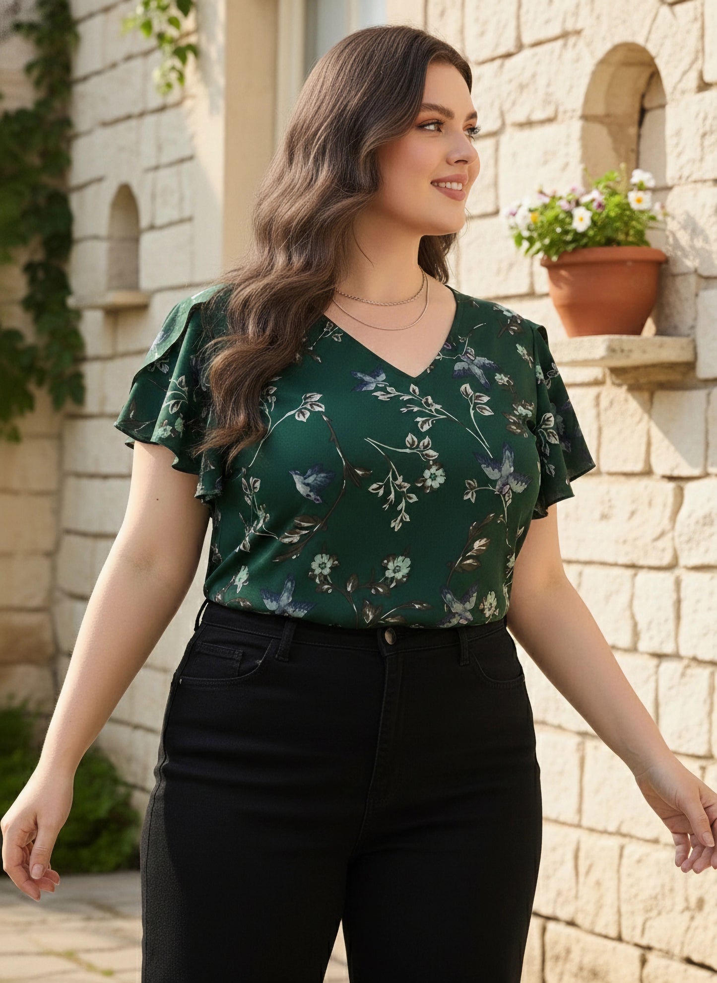 Plus Size Green & White Floral Printed V-Neck Flutter Sleeve Crepe Ruffled Regular Top