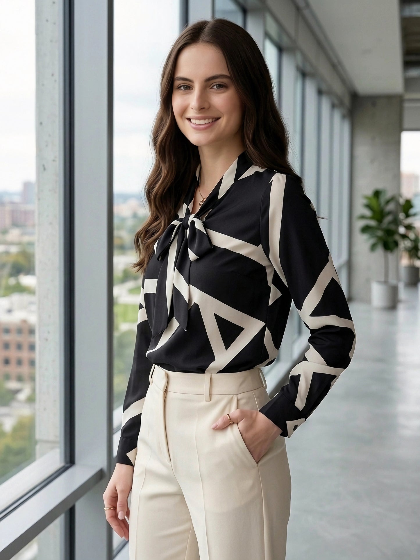 BIZwear Black & White Geometric Printed Tie-Up Neck Long Sleeves Regular Top