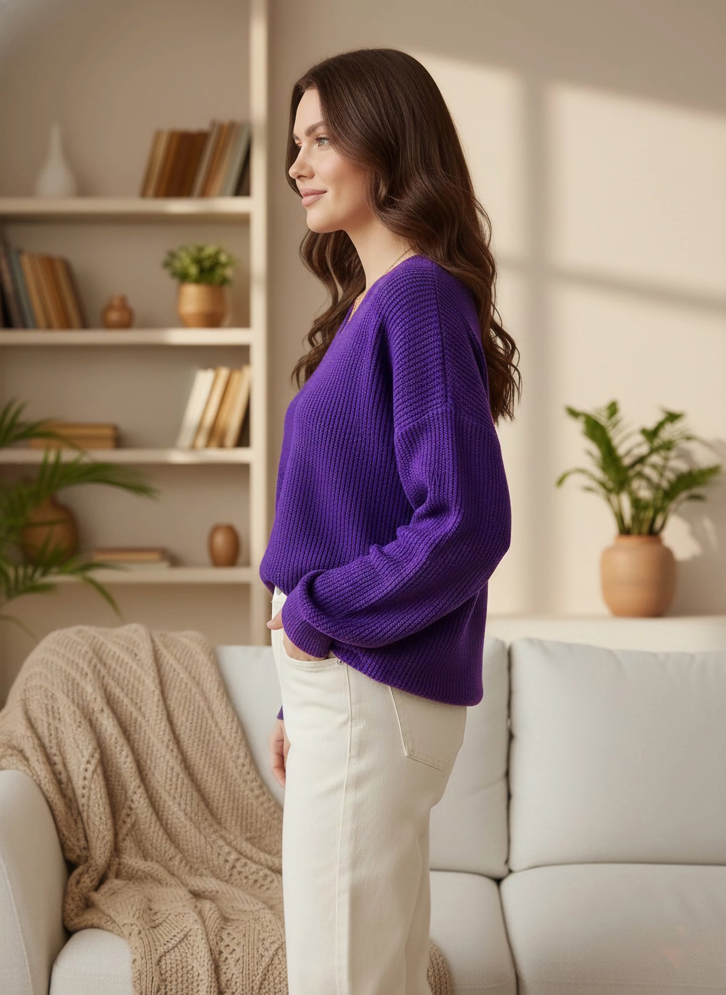 Berrylush Women Solid Purple V-Neck Acrylic Straight Hem Regular Pullover