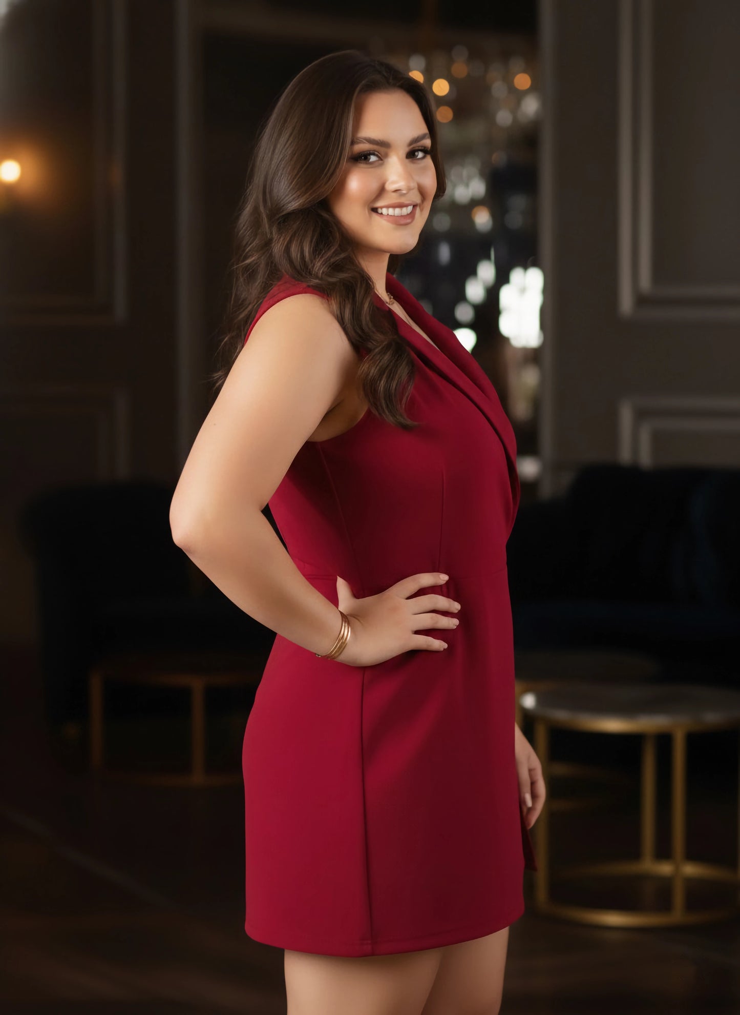 Curve Solid Red Notch Collar Neck Sleeveless Straight Hem Front-Slit Wrap Mini Blazer Romper