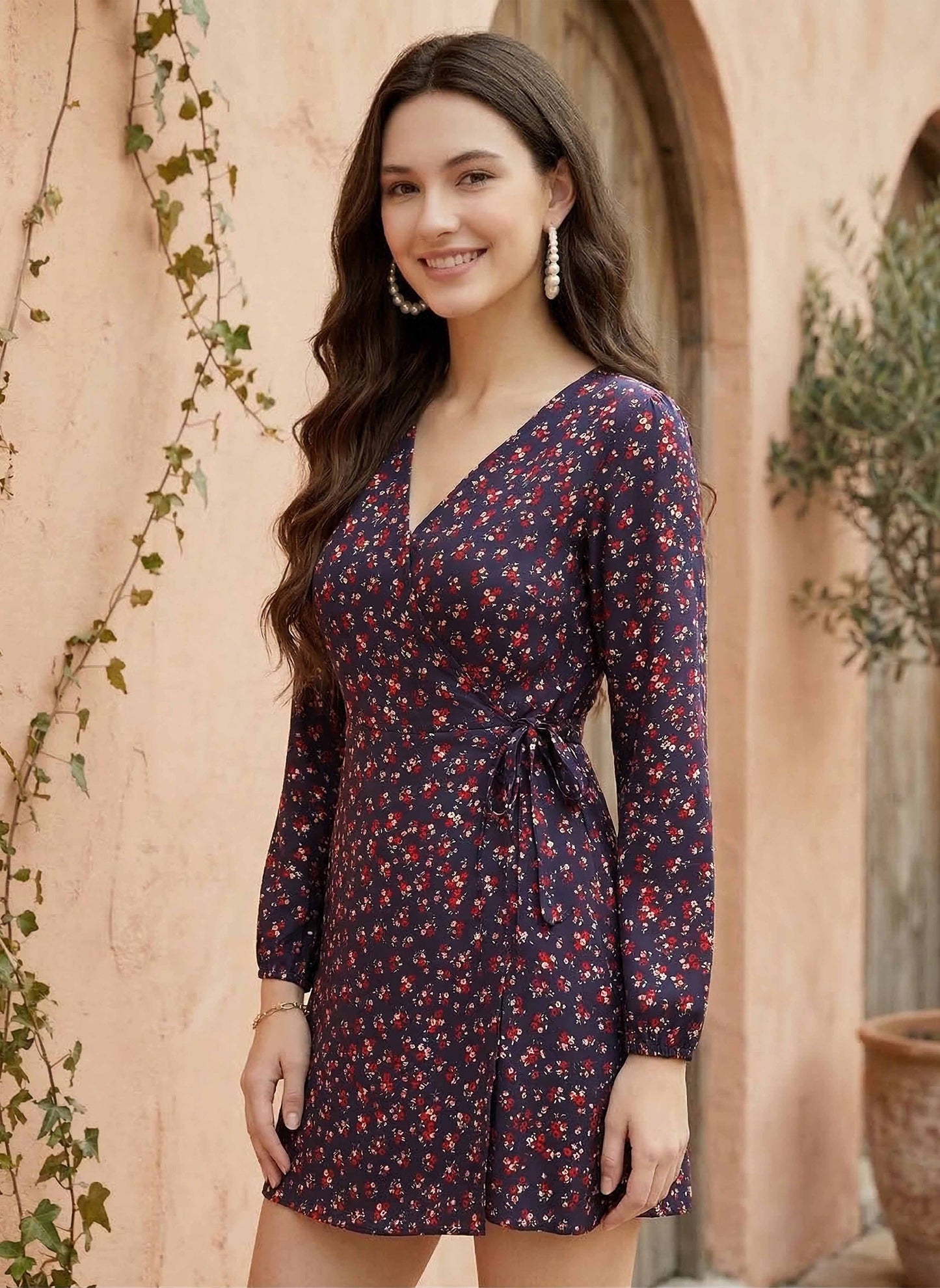 Berrylush Women Navy Blue Floral Printed Fit & Flare Wrap Mini Dress