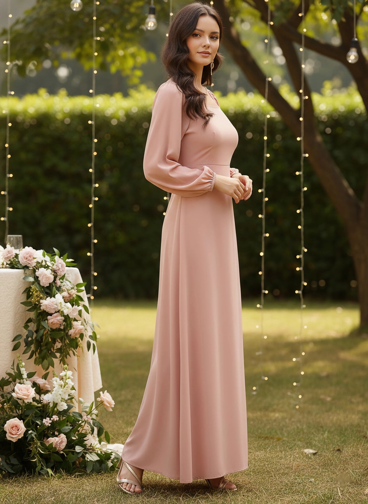 Berrylush Women Solid Peach Square Neck Slim-Fit Maxi Dress