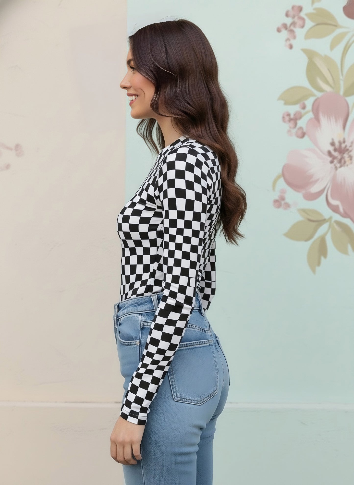 Berrylush Women White & Black Checked Pattern High Neck Slim-Fit Knitted Regular T-Shirt