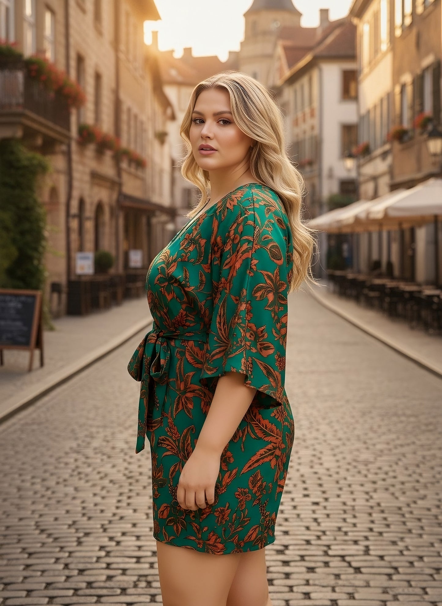 Berrylush Curve Women Green & Orange Floral Printed V-Neck Batwing Sleeve Tie-Up Waist Pleated Mini Jumpsuit