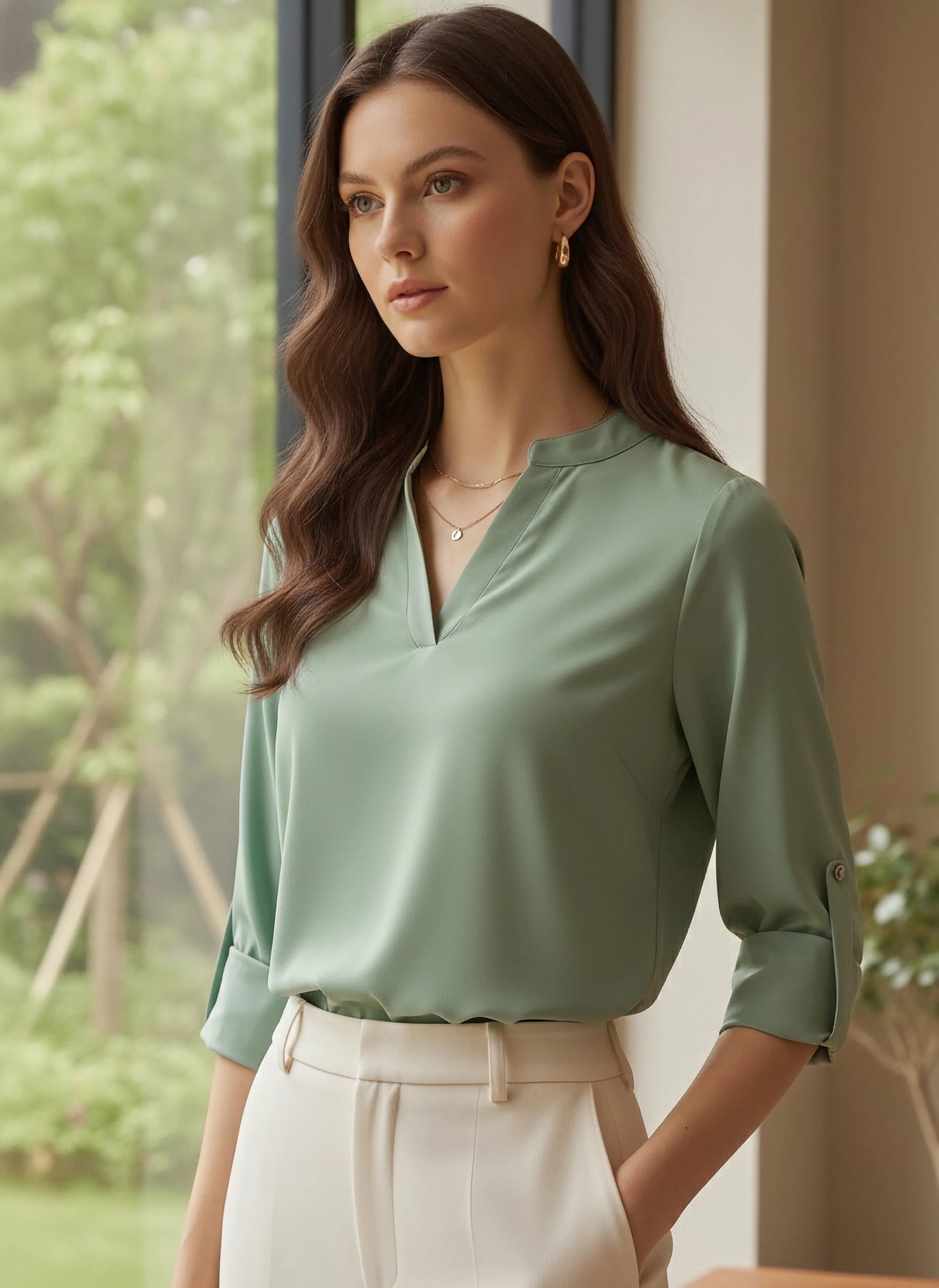 Berrylush BIZwear Women Solid Green Mandarin Collar Neck Long Sleeves Curved Hem Regular Shirt
