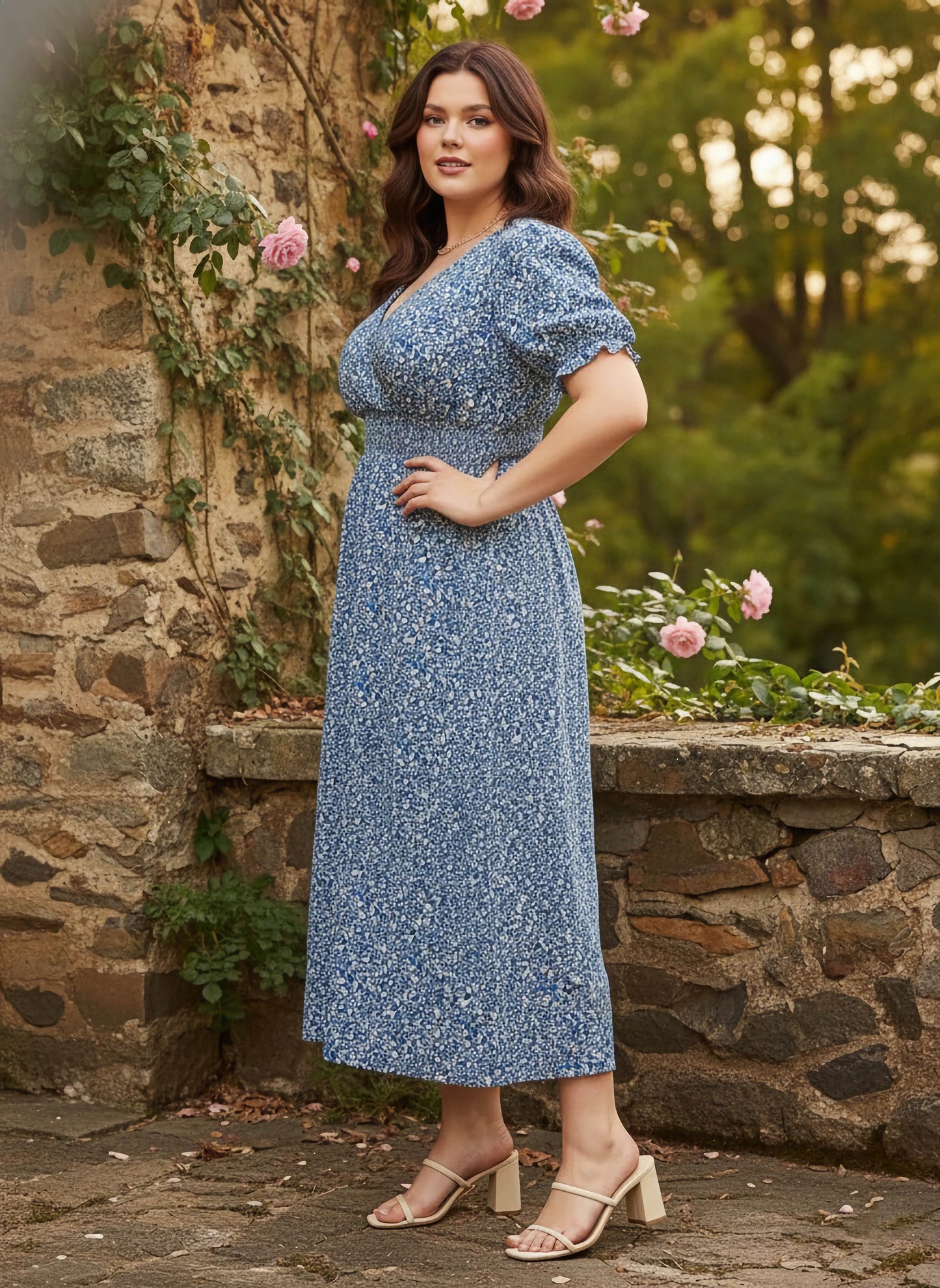 Curve Blue & White Floral Printed V-Neck Puff Sleeves Smocked Waist A-line Maxi Dress
