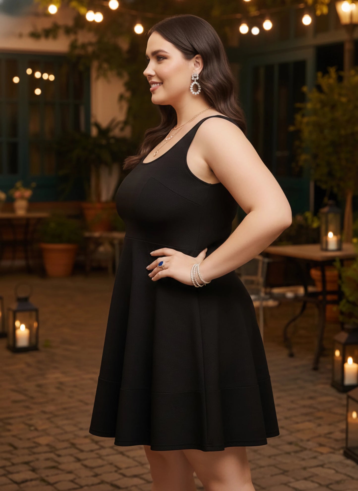 Curve Solid Black Scoop Neck Sleeveless Scoop Back Knitted Fit & Flare Mini Dress