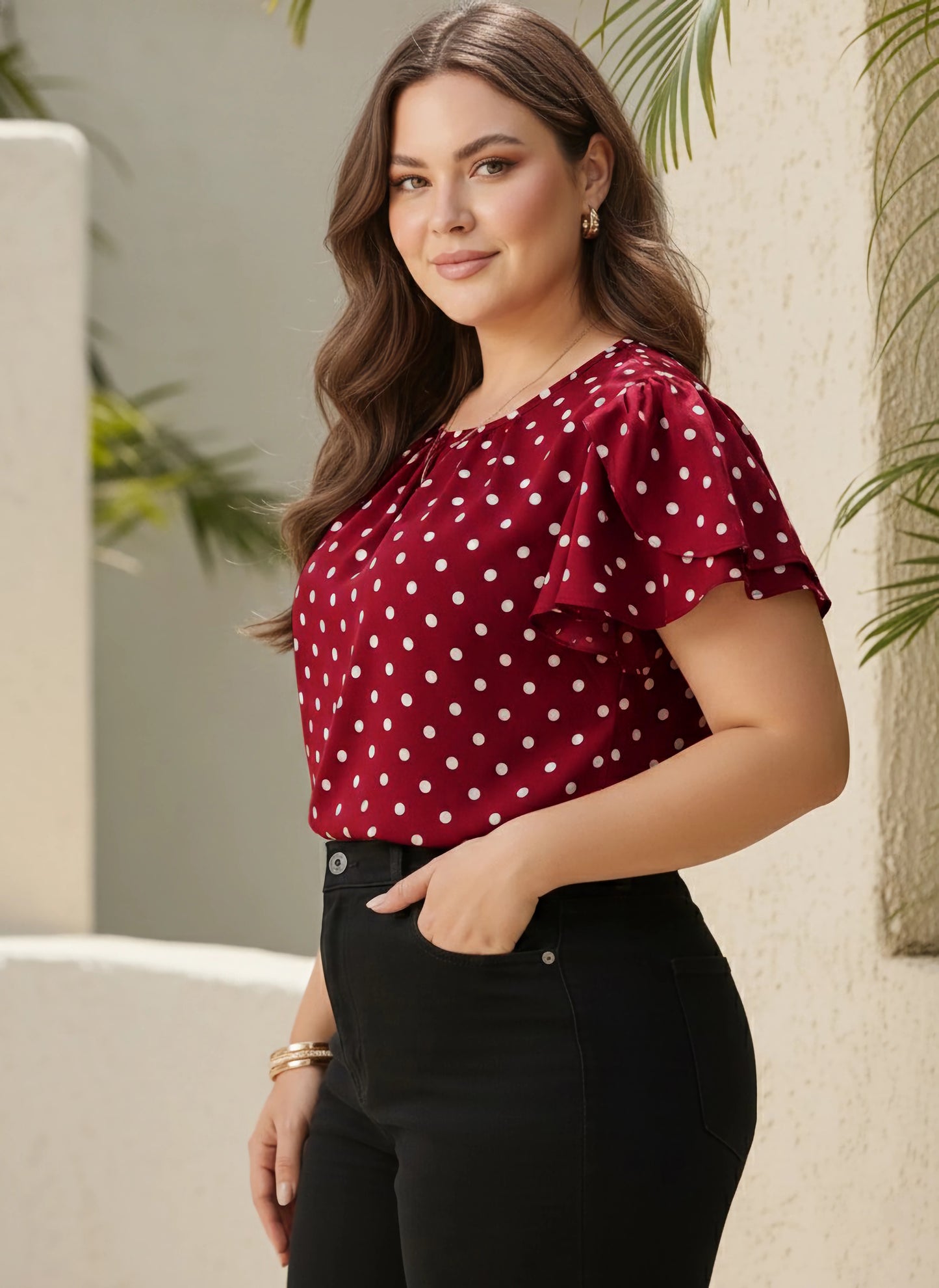 Berrylush Curve Women Red & White Polka Dot Printed Round Neck Puff Sleeves Straight Hem Pleated Regular Top