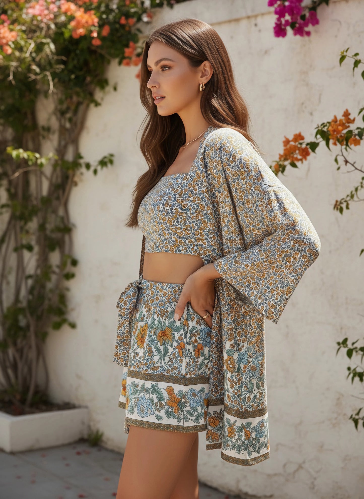 Berrylush Women White, Blue, & Orange Floral Printed Crop Top & Tie-Up Front Shorts With Shrug