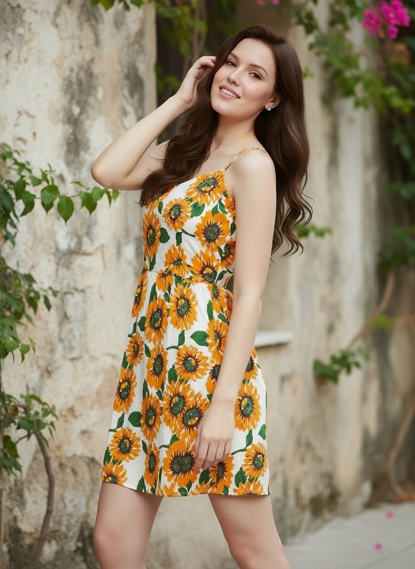 Berrylush Women Yellow & White Sunflower Printed Round Neck Flared Fit & Flare Mini Dress