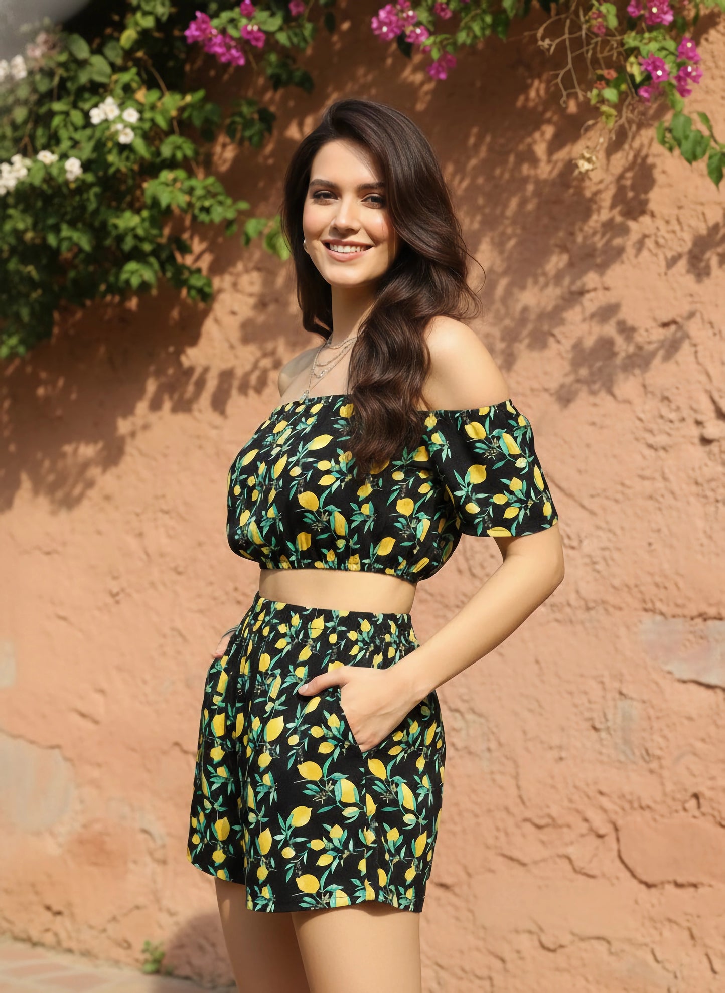 Berrylush Women Black & Yellow Floral Printed Off-Shoulder Neck Elastic Waist Crop Top & Shorts Co-Ordinate Set