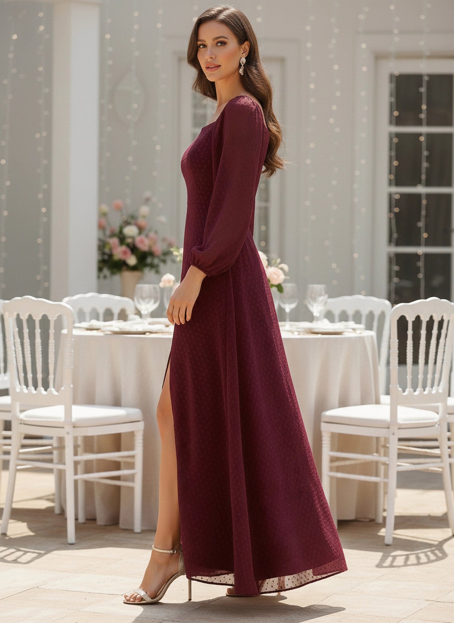 Berrylush Women Maroon Square Neck Dotted Maxi Dress