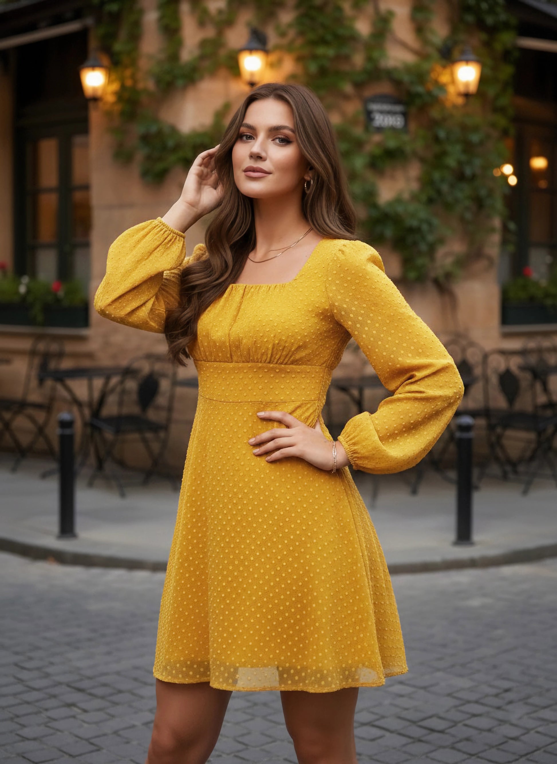 mustard yellow fitted dress Women Solid Mustard Yellow Dobby Weave Square Neck Pleated Fit & Flare Mini  Dress