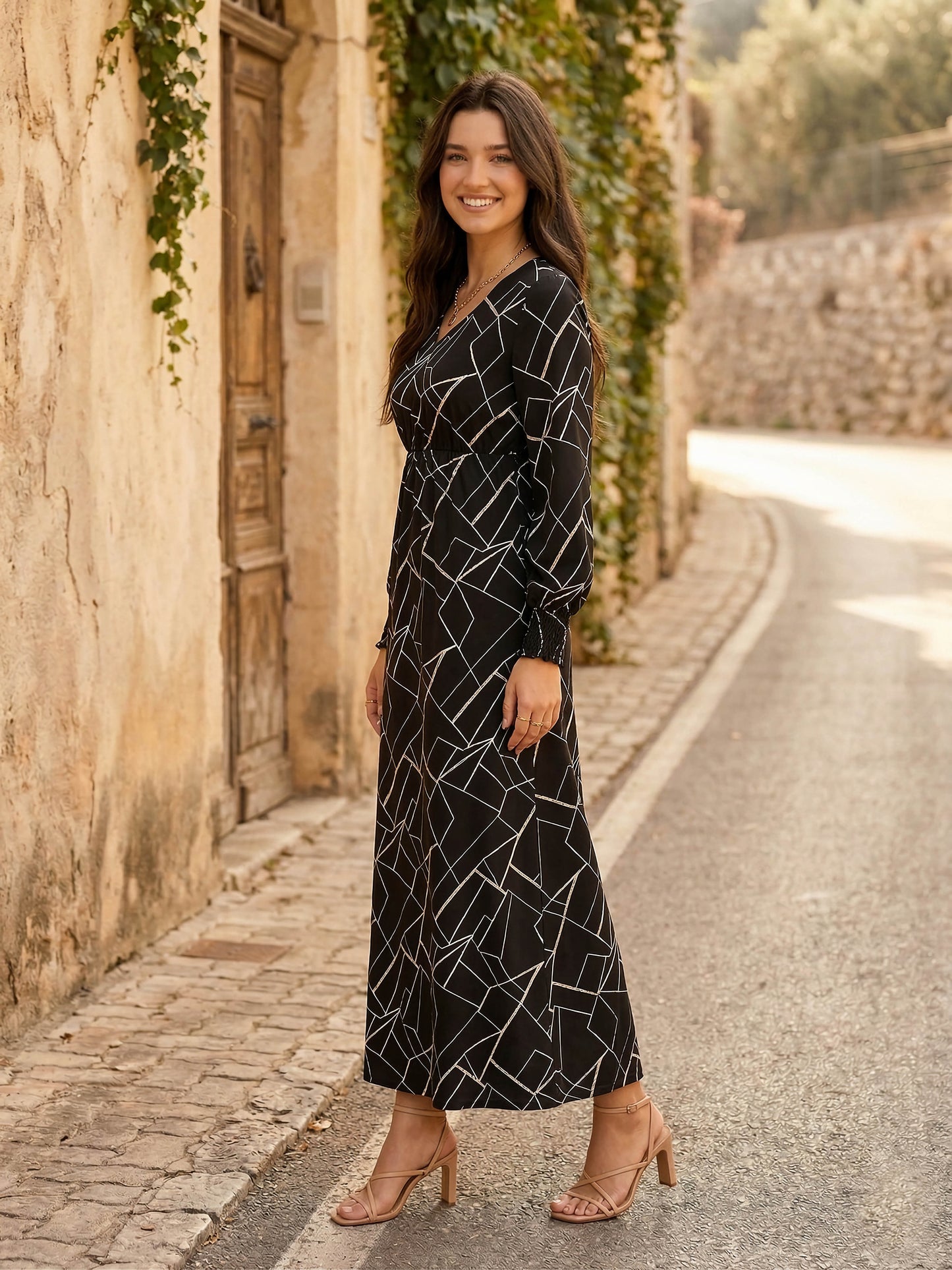 Black & White Geometric Printed V-Neck Bishop Sleeves Flared A-Line Maxi Dress