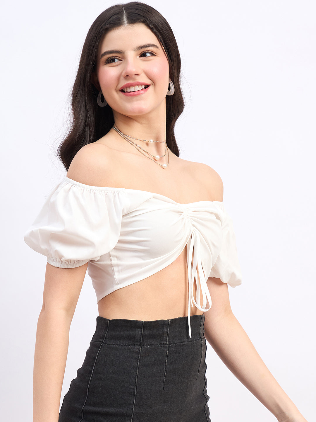 Ruffle White Off Shoulder Tie Front Crop Top Long Sleeve Crop Top
