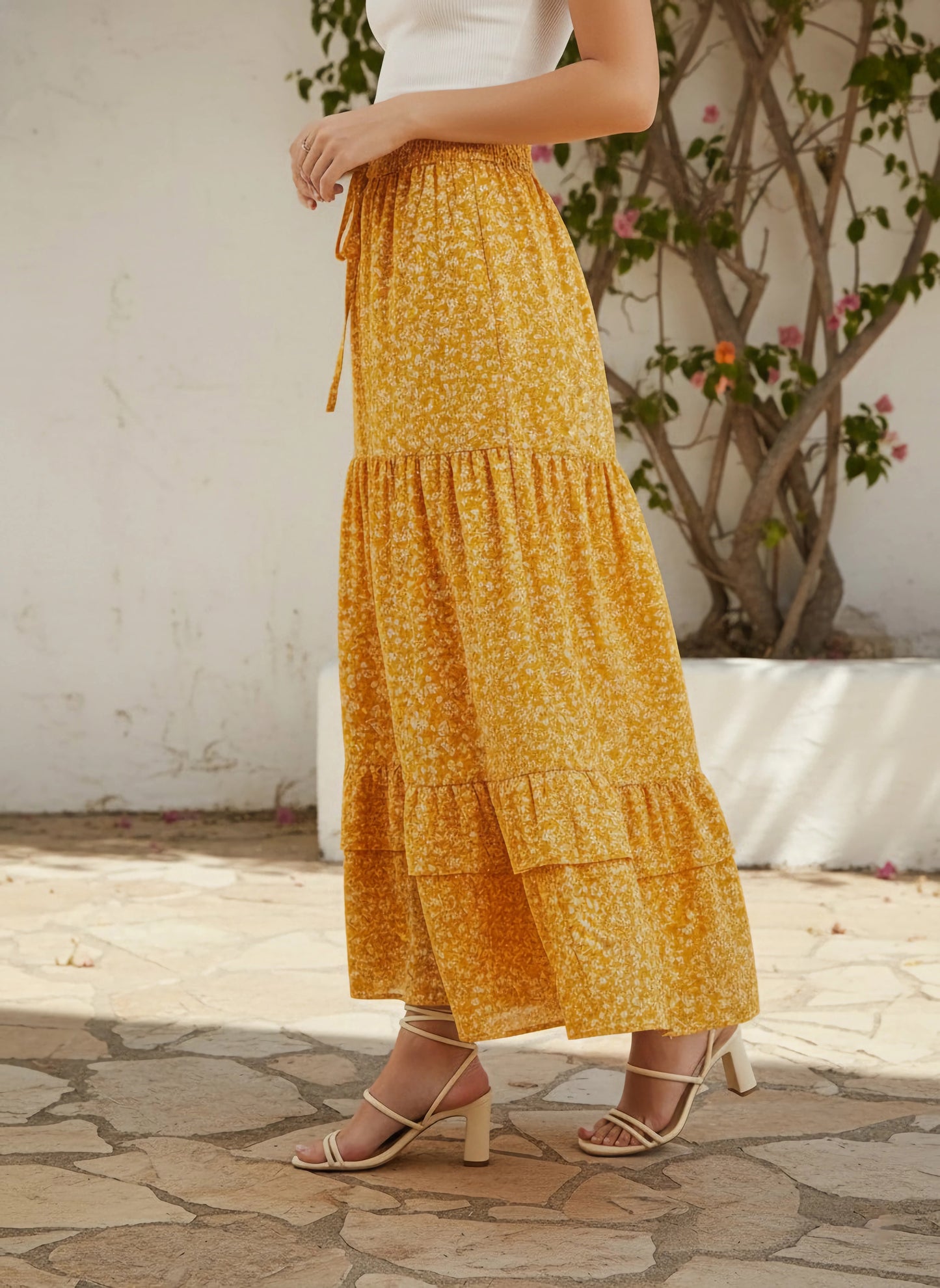 Berrylush Women Yellow & White Floral Printed High-Rise Elastic Waist Tie-Up Pleated A-Line Maxi Skirt