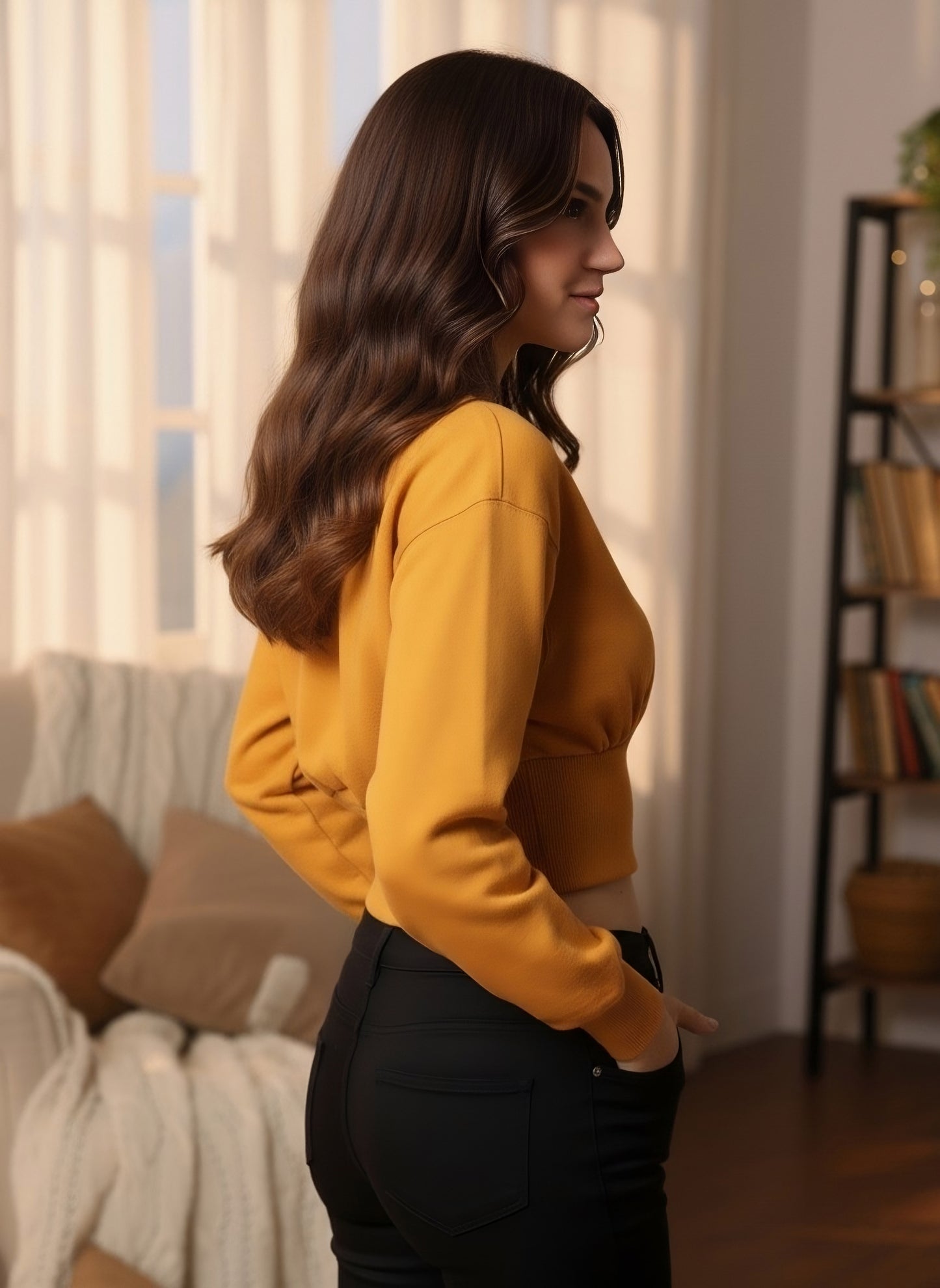 Berrylush Women Solid Yellow Round Neck Straight Hem Crop Pullover Sweatshirt