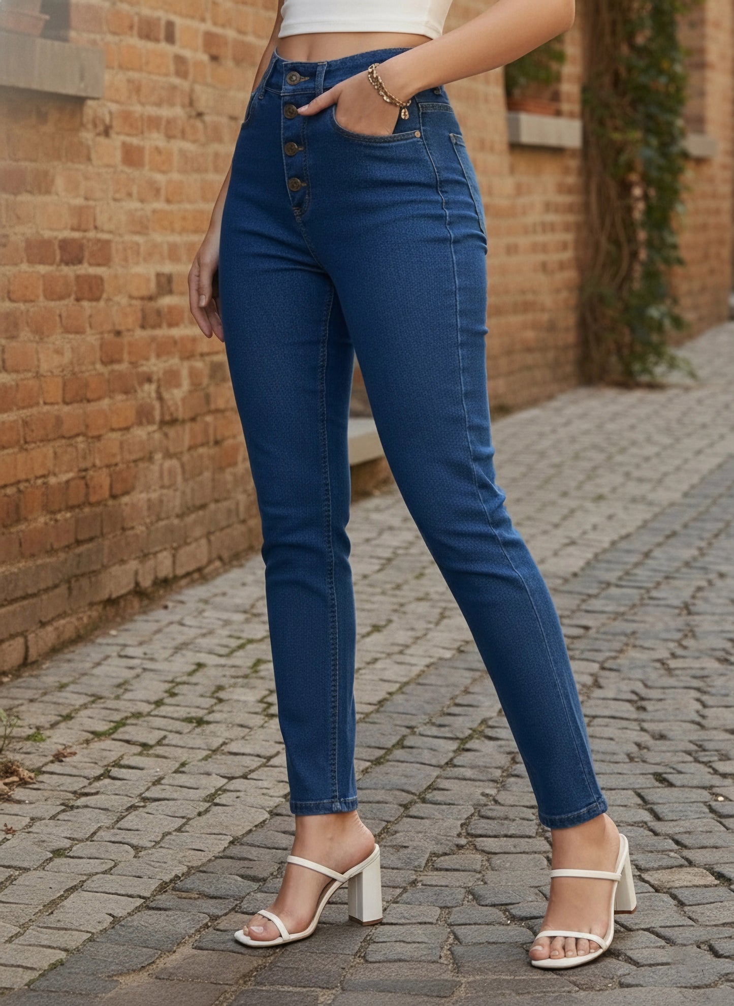 Solid Blue High-Rise Waist Cotton Slim-Fit Knitted Regular Jeans