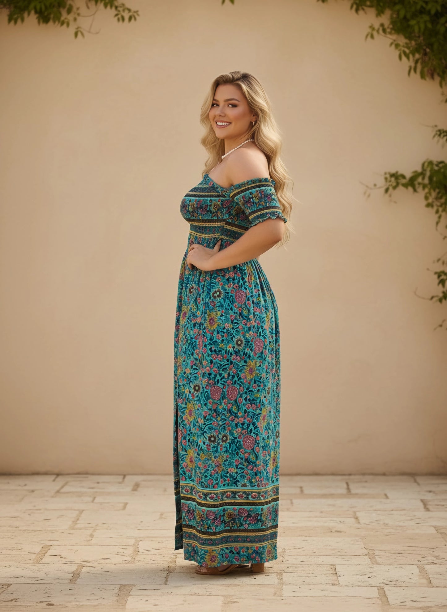 Berrylush Curve Women Blue & Multicolour Floral Printed Off-Shoulder Neck Frill Sleeves Thigh-High Slit Smocked A-Line Maxi Dress