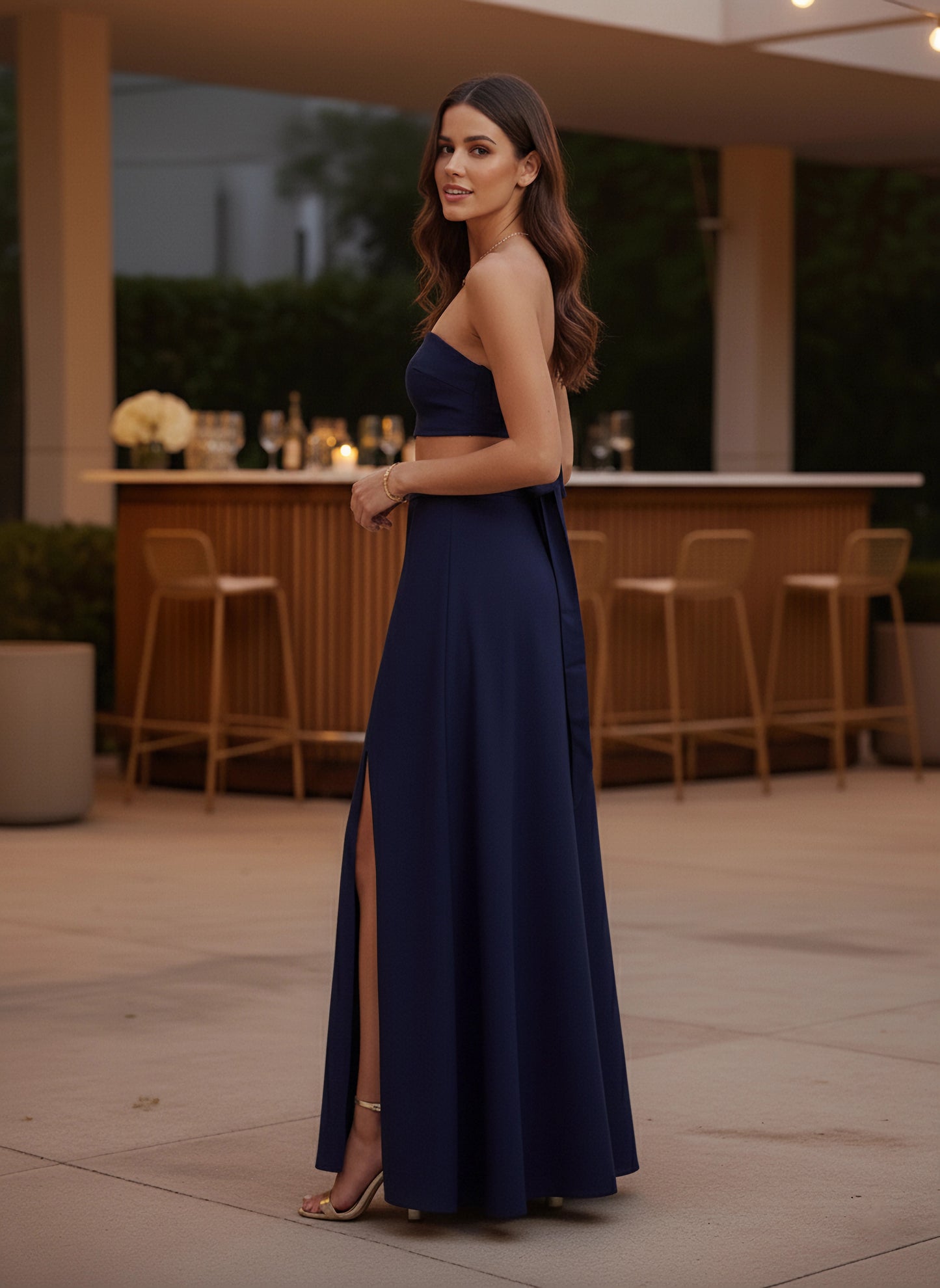 Berrylush Women Royal Blue Solid Strapless Crop Top & High-Slit Maxi Skirt Co-Ords Set