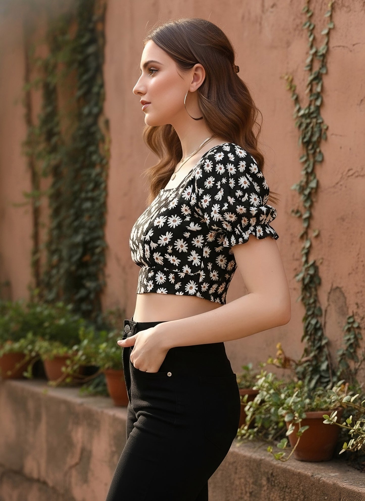 Berrylush Women Black & White Floral Printed Square Neck Backless Crepe Cropped Top