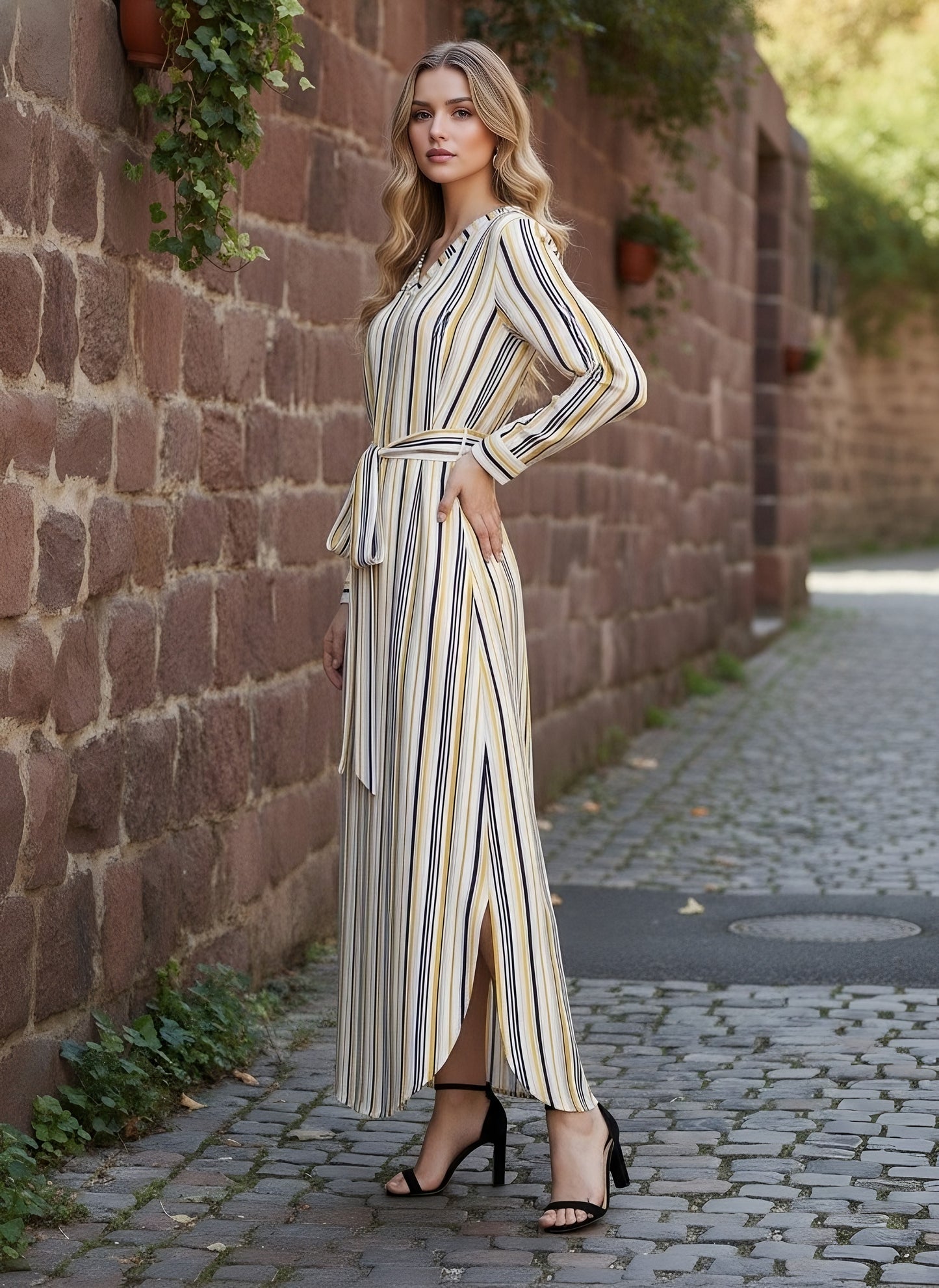 Berrylush Women Multicolour Striped Pattern V-Neck Waist Tie-Up Maxi Dress