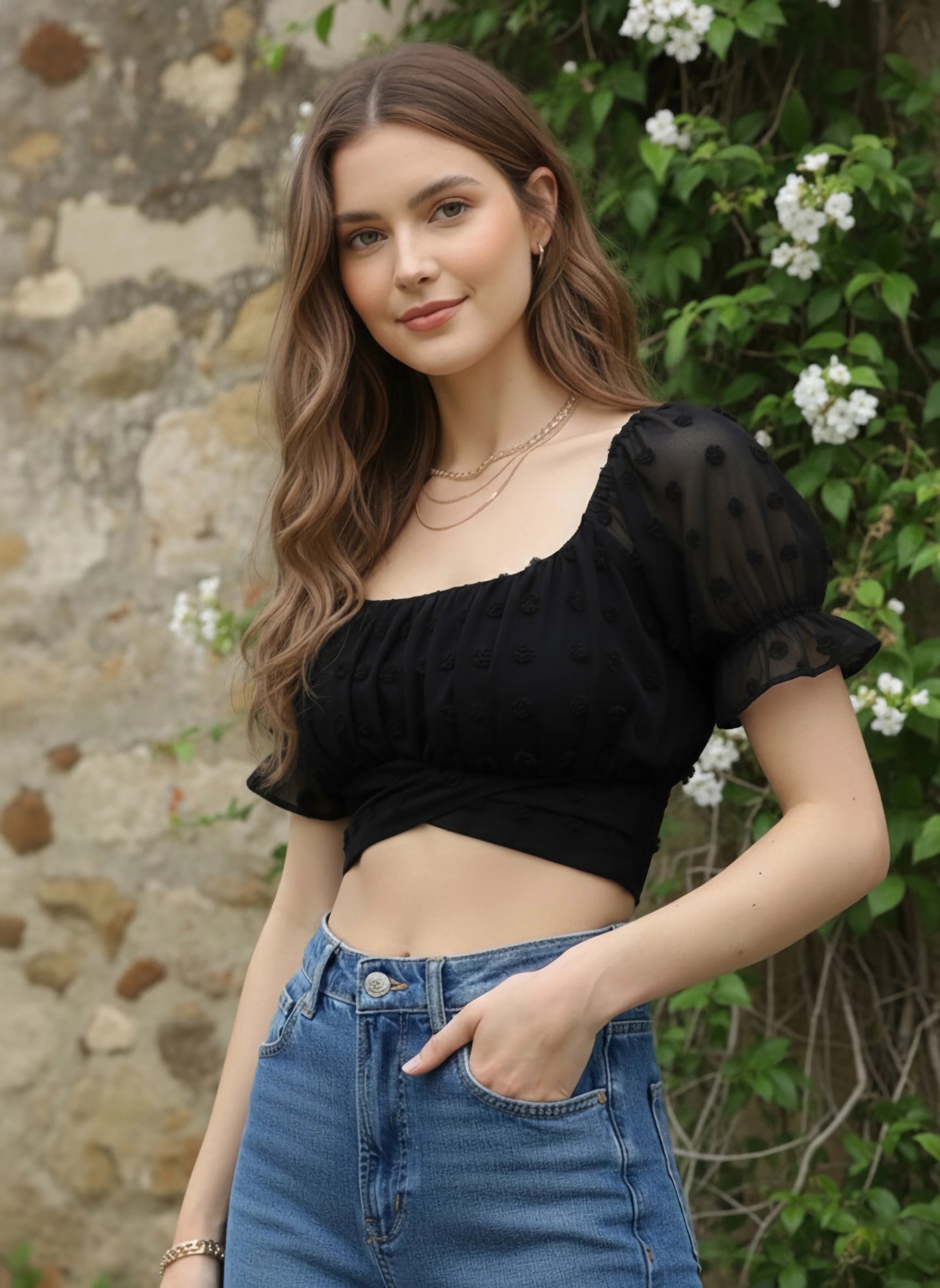 Berrylush Women Solid Black Polka Dot Dobby Weave Square Neck Jacquard Styled Back Crop Top