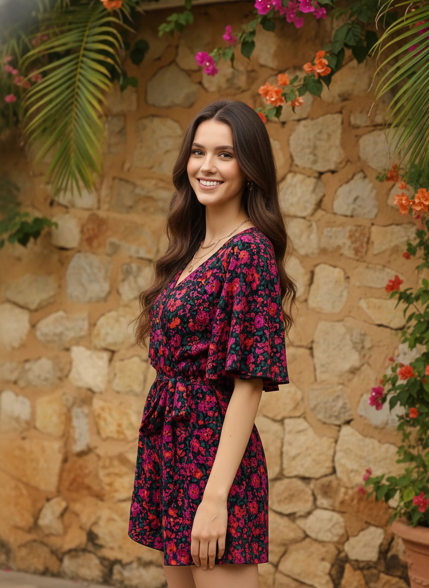 Berrylush Women Purple & Green Floral Printed V-Neck Two-Pocket Tie-Up Waist Mini Jumpsuit